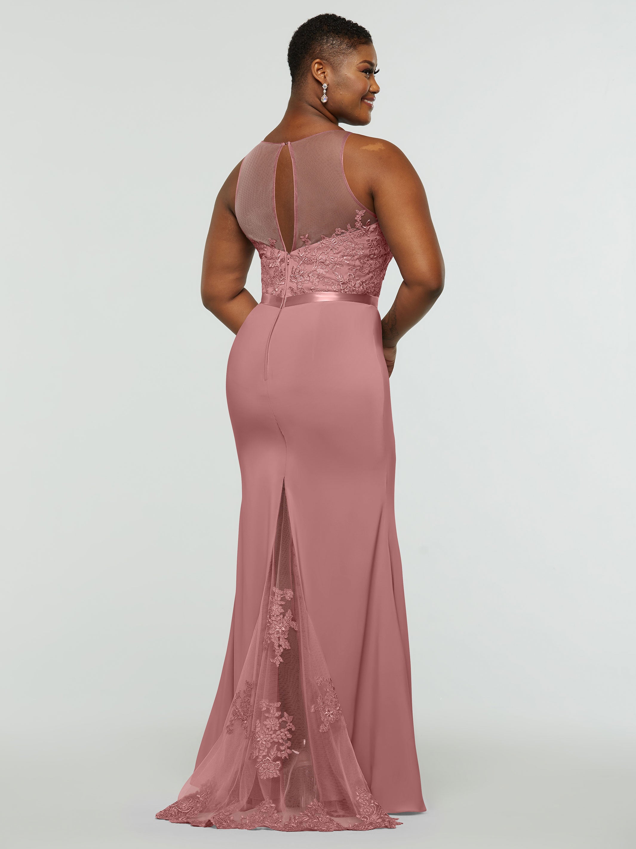 Elegant 80095 Stretch Chiffon Fit and Flare Bridesmaid Dress with Lace Illusion Bodice - Perfect for Weddings, Formal Events & Special Occasions