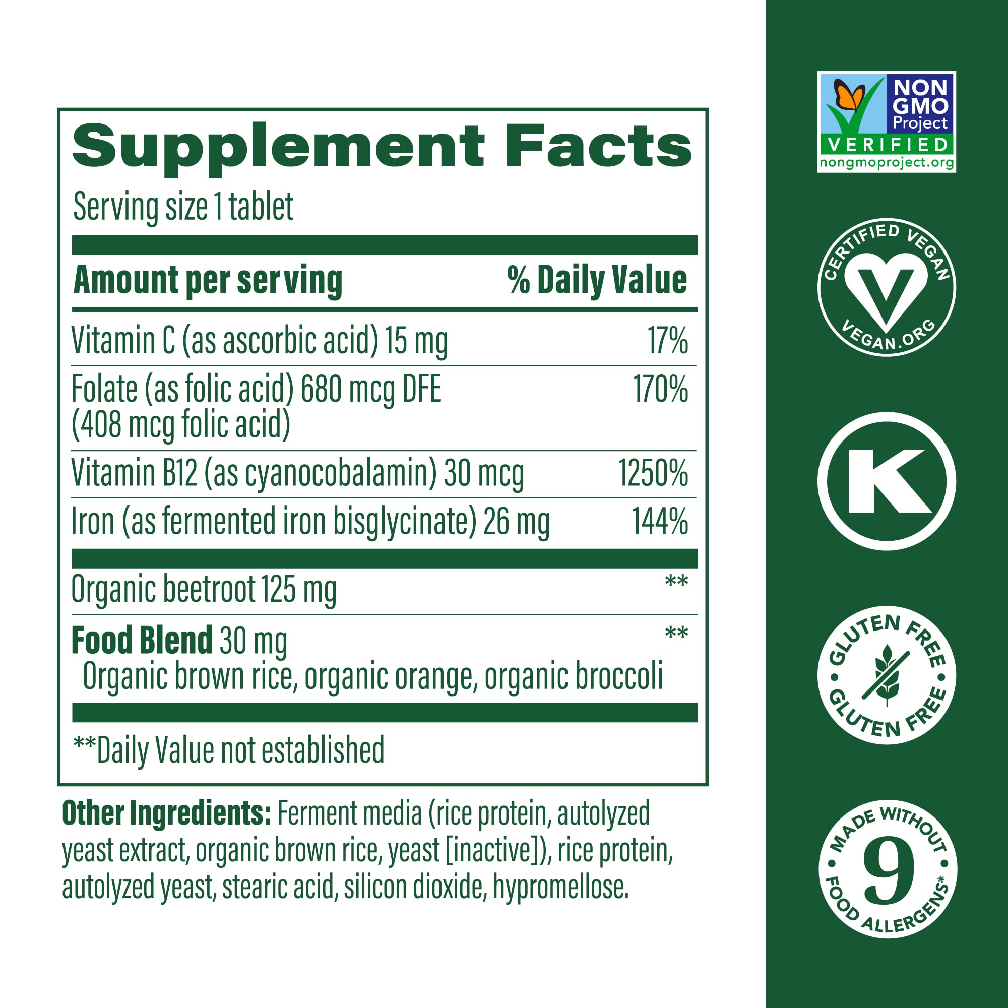 MegaFood Blood Builder Iron Supplement - Clinically Proven to Boost Iron Levels Without Side Effects - Vegan Iron Pills with Vitamin C, B12 & Folic Acid - 30 Tablets - Ideal for Women's Health, Energy Support & Anemia Relief