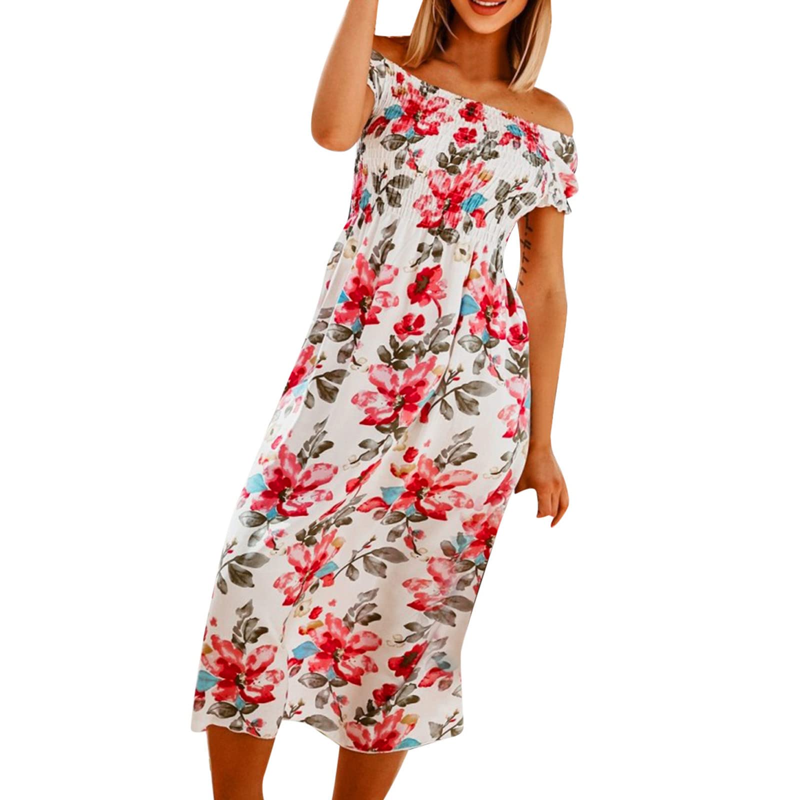 Elegant Off Shoulder Wedding Guest Dress for Women - Floral Print Summer Swing Dress with Short Sleeves | Perfect for Garden Parties, Bridal Showers & Summer Weddings