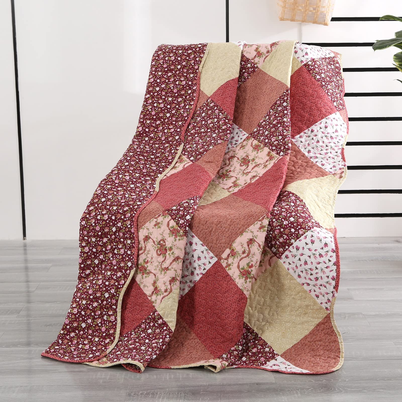 Soft Reversible Floral Quilt Blanket - 50x60 Inch Microfiber Patchwork Throw - Red, Pink & White Shabby Chic Design - Lightweight Bedding for Sofa, Bed & Nursery Decor - Cozy Home & Gift Idea
