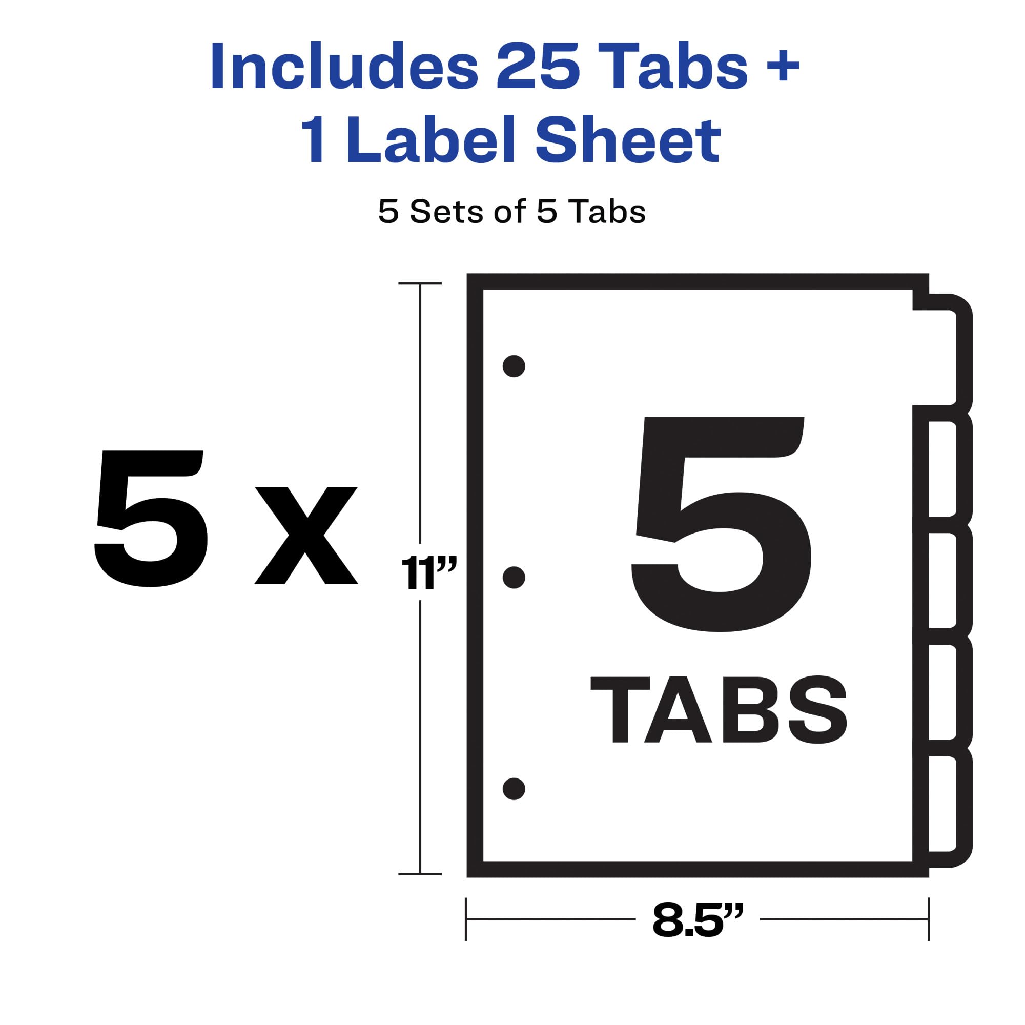 Avery 5 Tab Dividers for 3 Ring Binder - Easy Print & Apply Clear Label Strips, Customizable Multicolor Index Tabs, 5 Sets (11418) - Perfect for Office Organization, School Projects & Document Filing