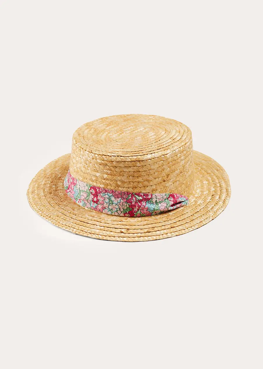 Pink Viola Floral Bow Detail Boater Hat for Women - Summer Beach Wedding & Garden Party Accessory (Size S/M)