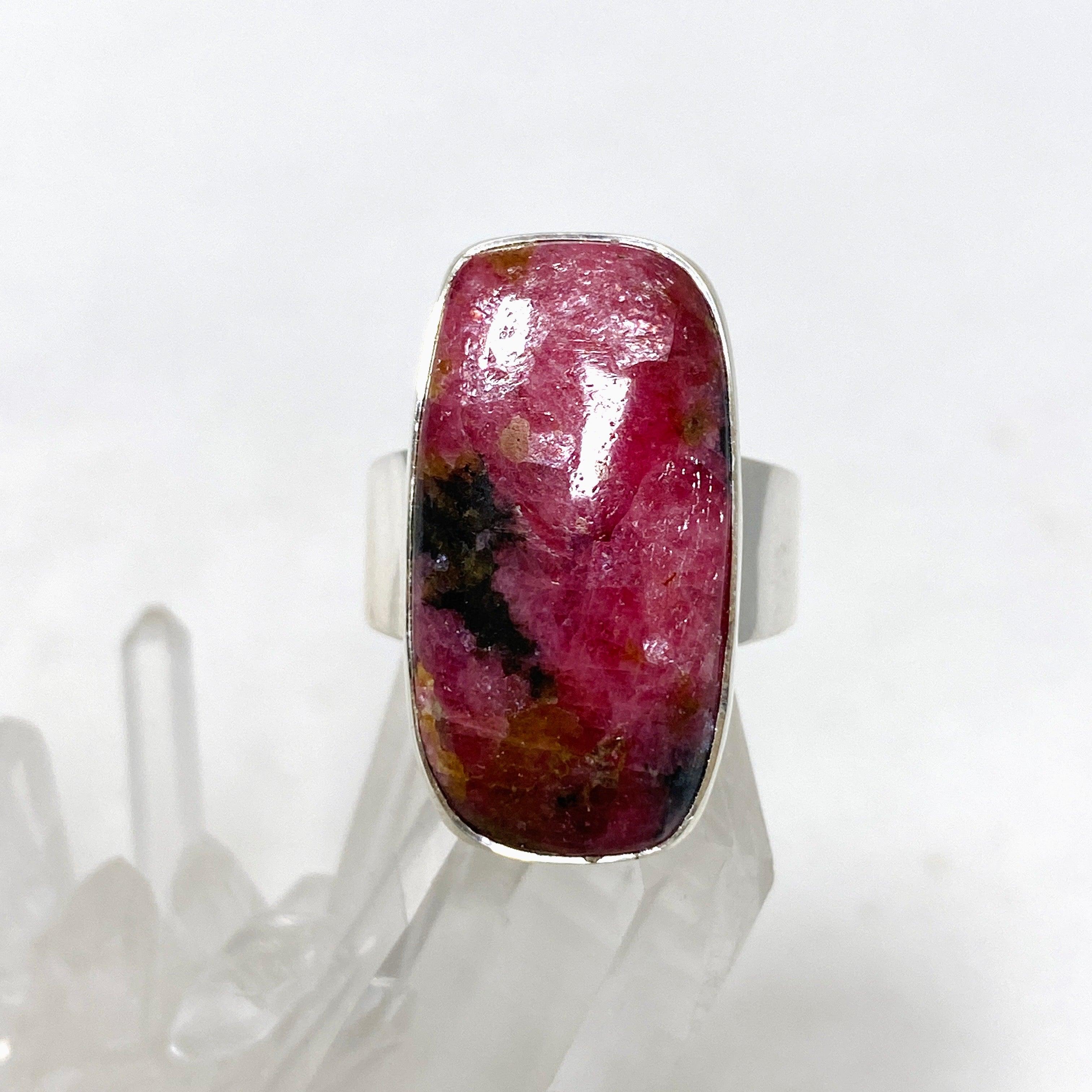 Natural Rhodonite Gemstone Rectangle Ring - Size 7 for Women, KRGJ3210 | Healing Crystal Jewelry for Stress Relief & Emotional Balance | Perfect for Meditation, Yoga & Spiritual Practices