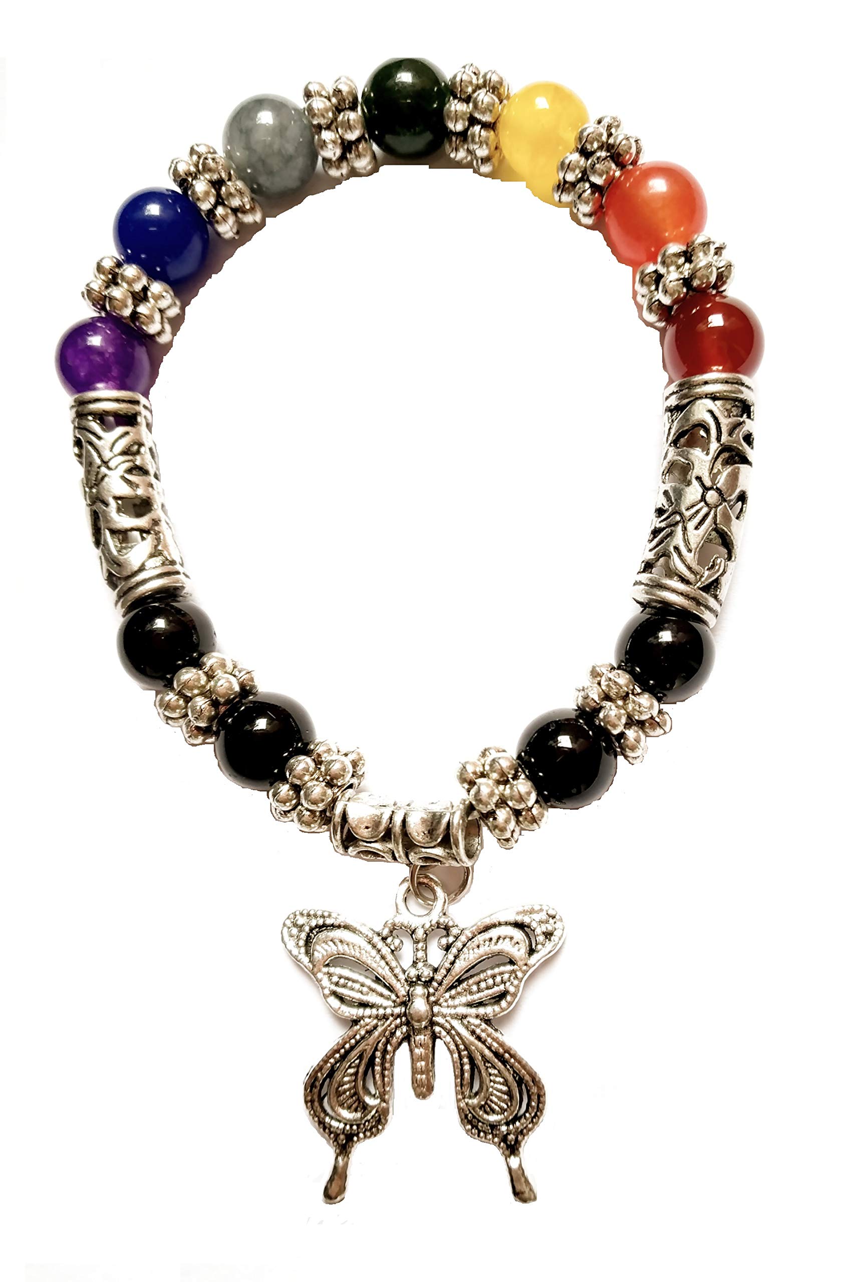 Seven Chakra Healing Agate Stone Beads Bracelet with Butterfly Charm - Spiritual Holistic Gemstone Jewelry for Women | Meditation, Yoga, Energy Balancing & Positive Vibes