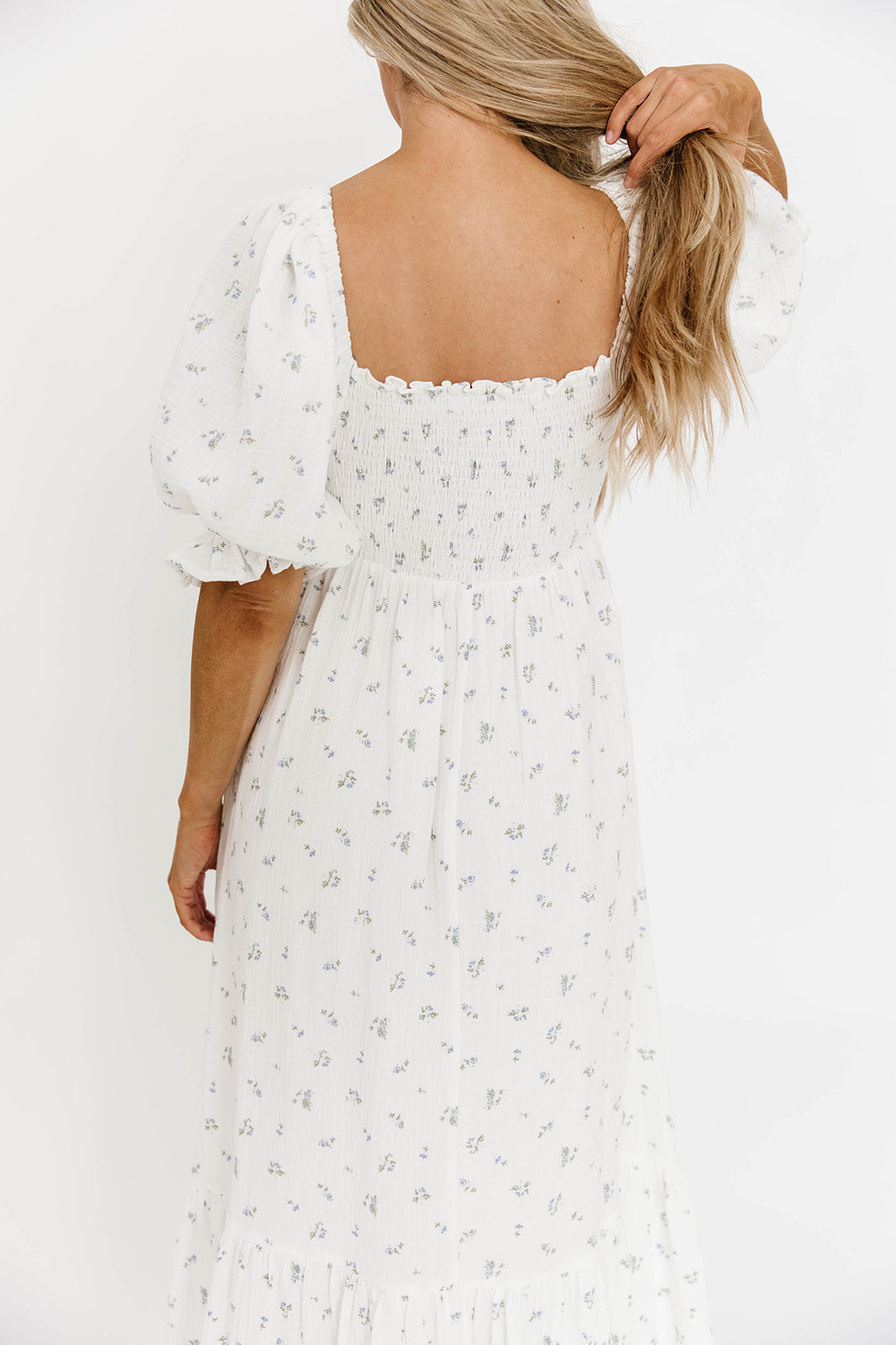 Livvy 100% Cotton Maxi Dress - Off White & Blue Floral Print | Women's Summer Beach Dress, Casual Boho Dress for Vacation, Party & Outdoor Events