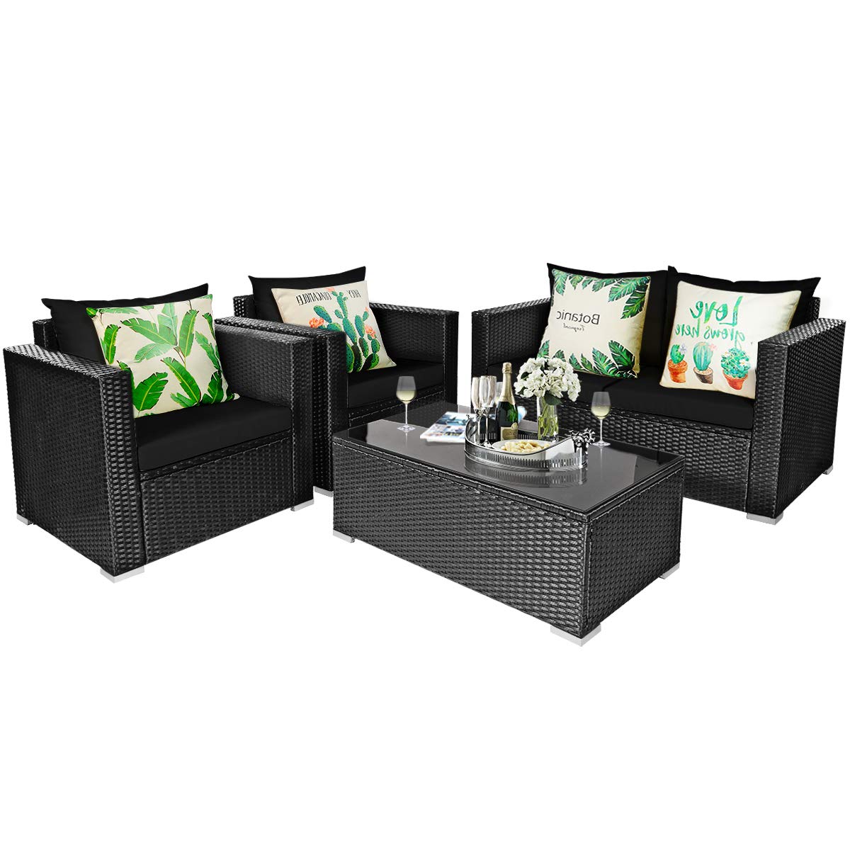 HappyGrill 4-Piece Outdoor Patio Conversation Set - Rattan Wicker Sofa with Tempered Glass Table & Removable Cushions - Perfect for Garden, Backyard, Poolside, and Outdoor Relaxation