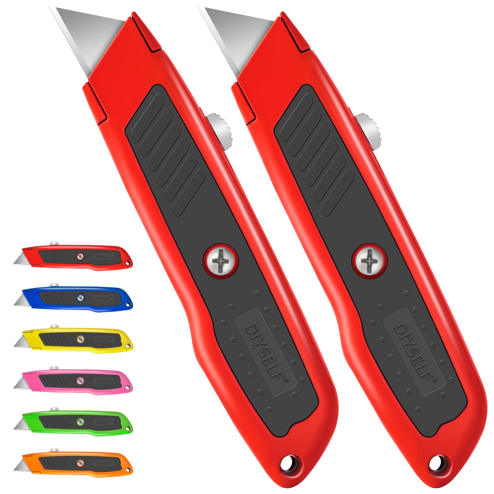 DIYSELF 2 Pack Retractable Box Cutter - Heavy Duty Utility Knife with Exacto Razor Blade, Aluminum Alloy & Anti-Slip Rubber Handle - Perfect for Opening Cartons, Cardboard Boxes & Packages | Ideal for Warehouse, Shipping, Moving & Home Use