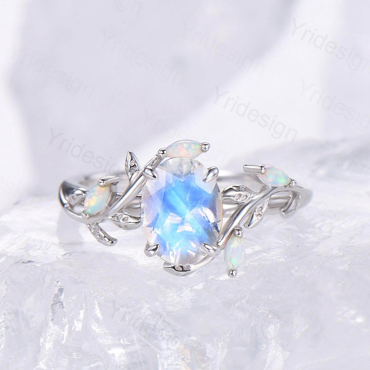 Natural Inspired Oval Moonstone Engagement Ring Set with Twig Marquise Opal & Evil Eye Infinity Emerald Stacking Band - Perfect for Bridal, Anniversary Gifts & Everyday Boho Jewelry