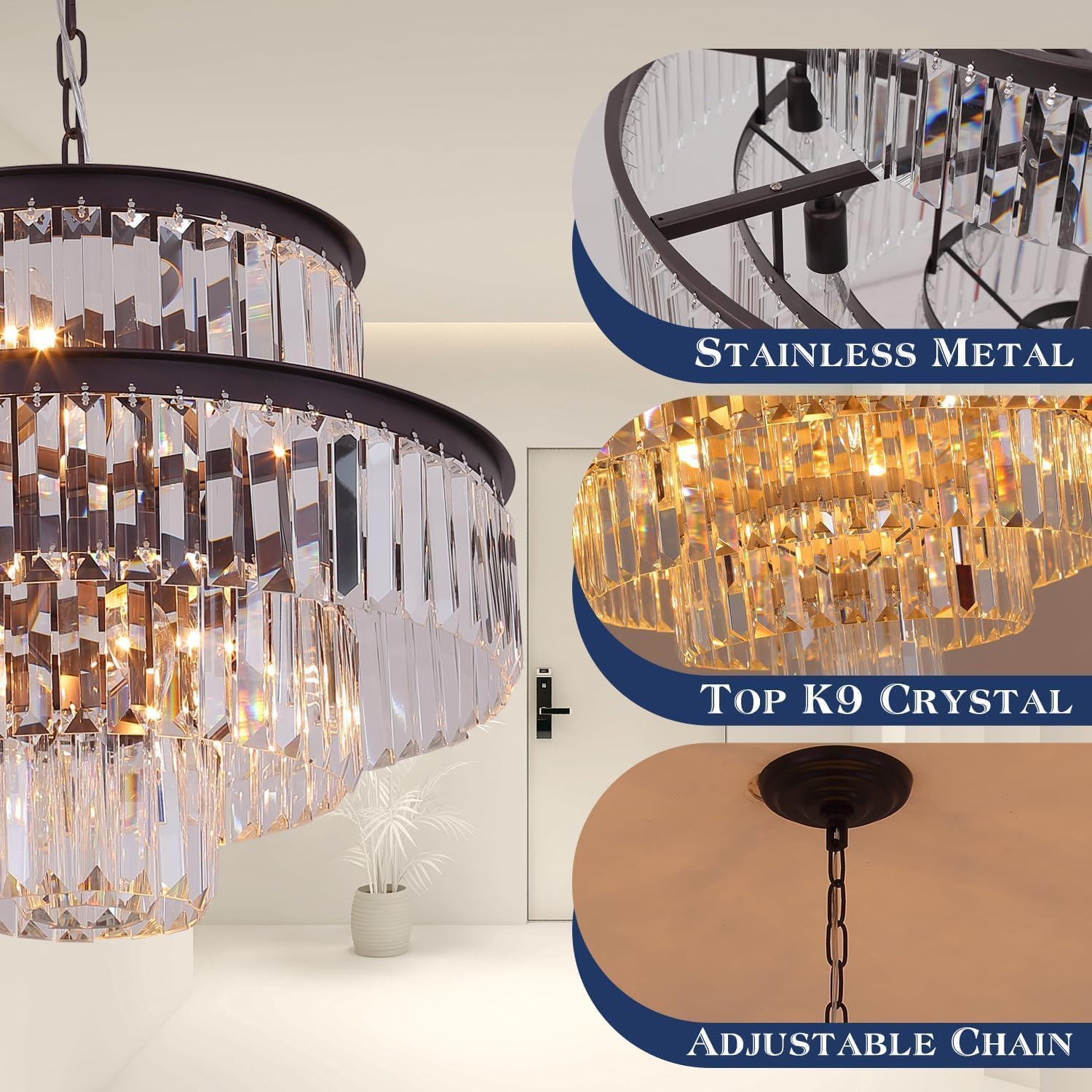 7-Light 4-Tier Brown Crystal Chandelier Pendant Light Fixture for Dining Room, Bedroom, Entryway & Living Room - Elegant Ceiling Lighting for Home Decor & Wedding Venues