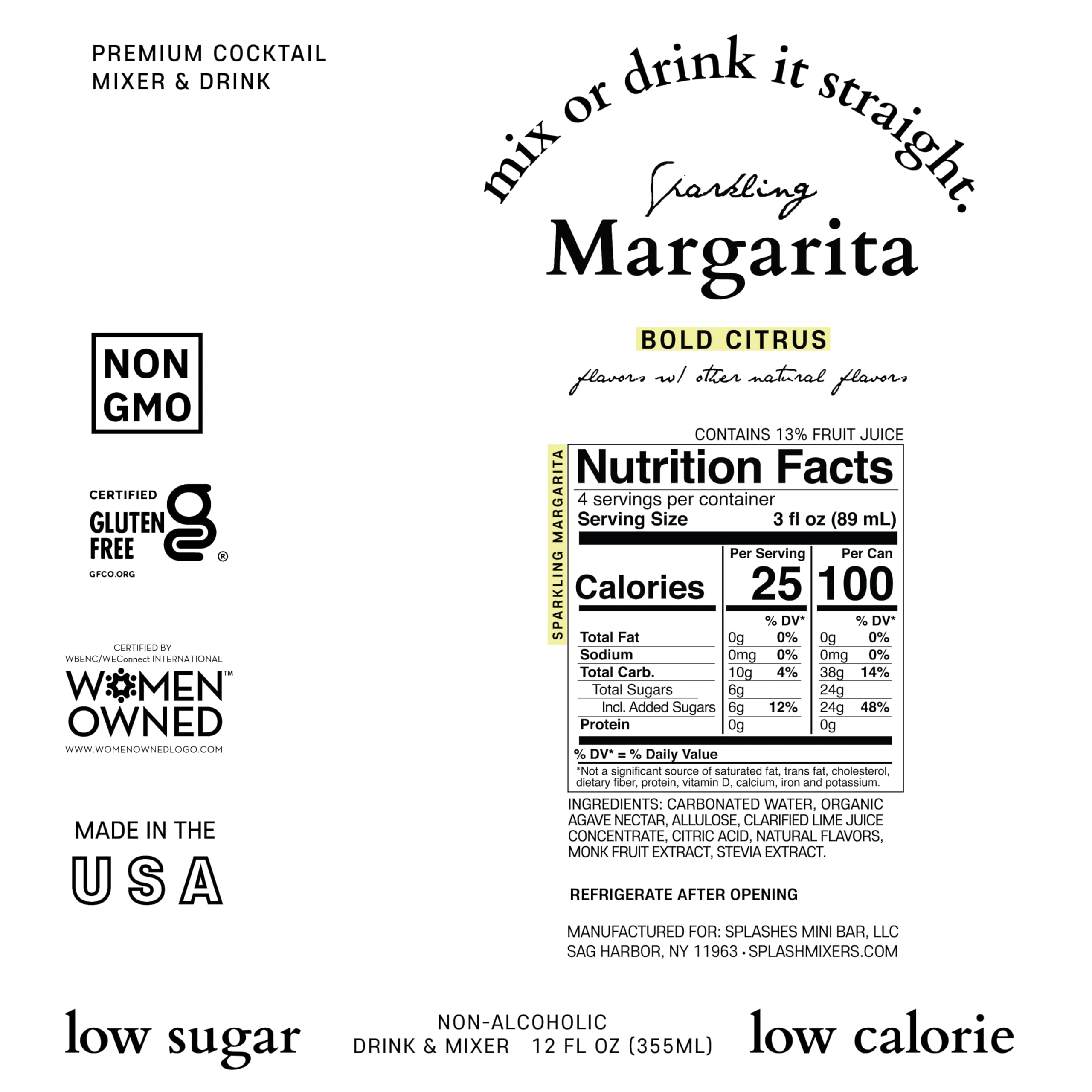 Premium SPLASH Sparkling Cocktail Mixer - Low Sugar, Low-Calorie, Gluten Free & Keto-Friendly Non-Alcoholic Drink Mix (12 Fl Oz, 24 Pack) - Perfect for Parties, Mocktails, and Healthy Lifestyle