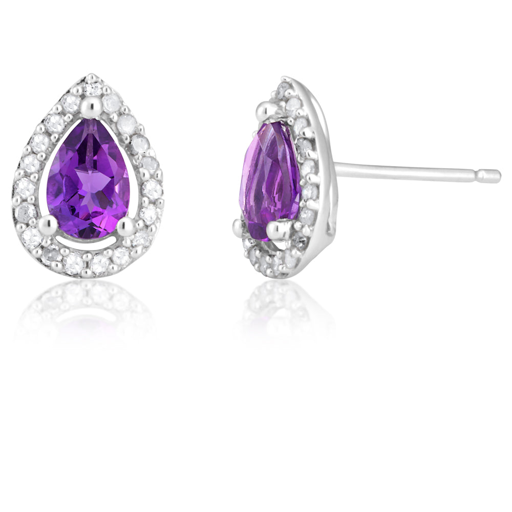 9ct White Gold Amethyst & Diamond Pear Shape Stud Earrings for Women - Elegant Dangle Earrings for Party, Wedding & Special Occasions