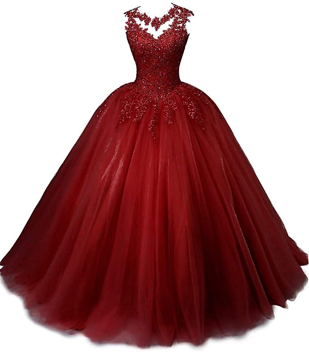 Burgundy Princess Lace Quinceañera Dress - Long Tulle Ball Gown for Sweet 16, Prom & Quinceañera Parties | Elegant Formal Gown for Teen Girls