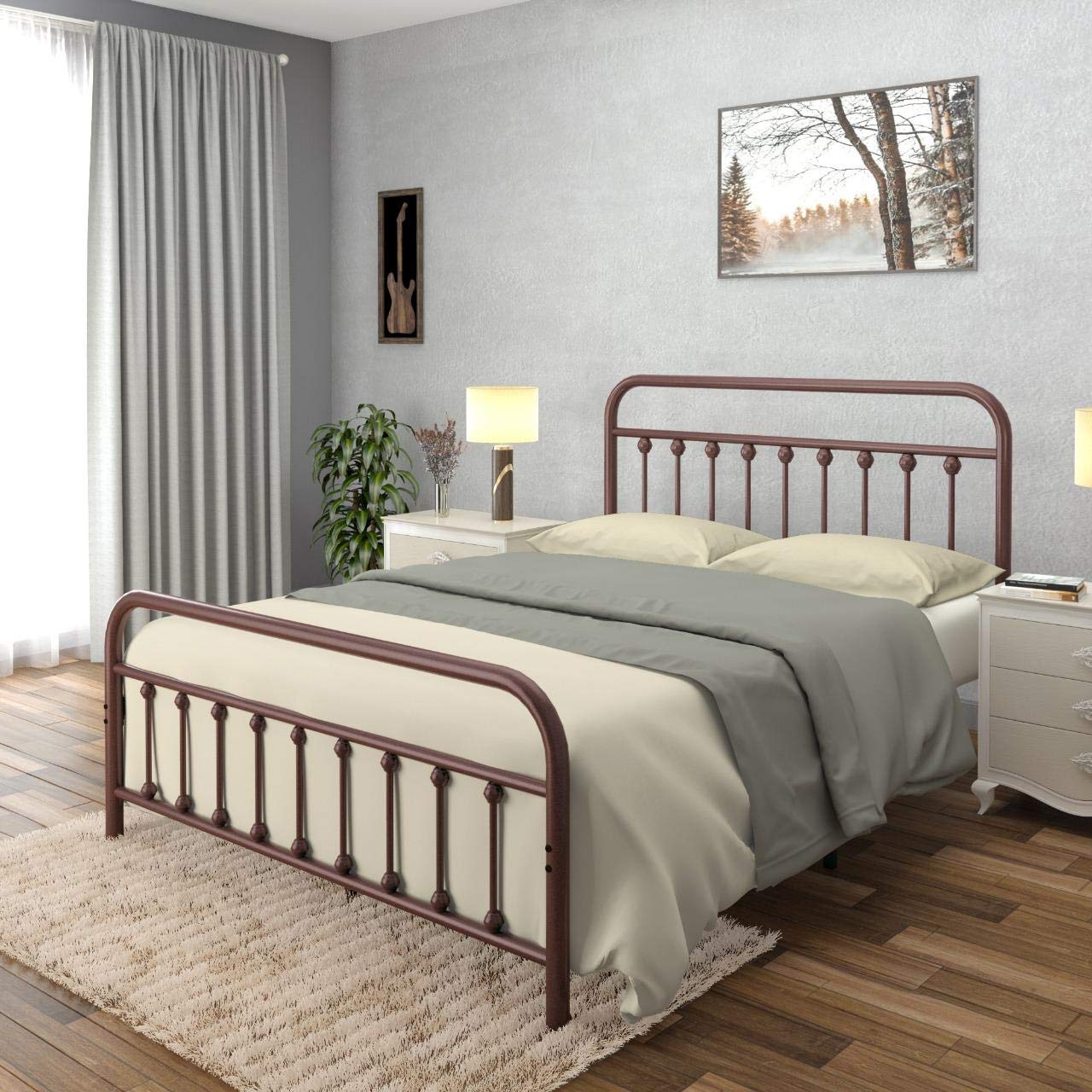 Vintage Wrought Iron Bed Frame - Full Size Metal Platform with Headboard for Quiet Sleep