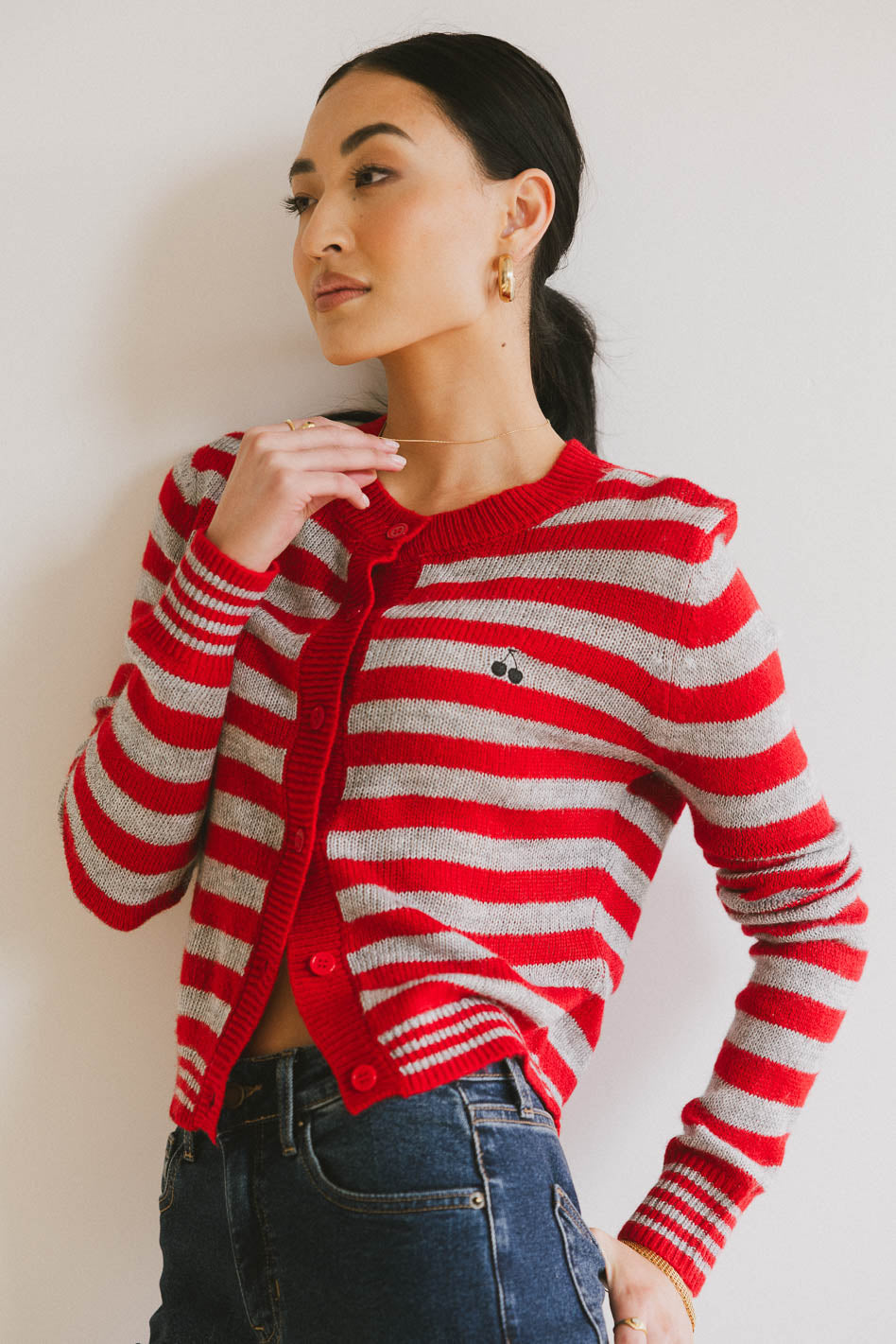 Albia Women's Cherry Striped Cardigan - Soft Knit Sweater for Fall & Winter | Cozy Casual Wear for Office, Dates & Outings