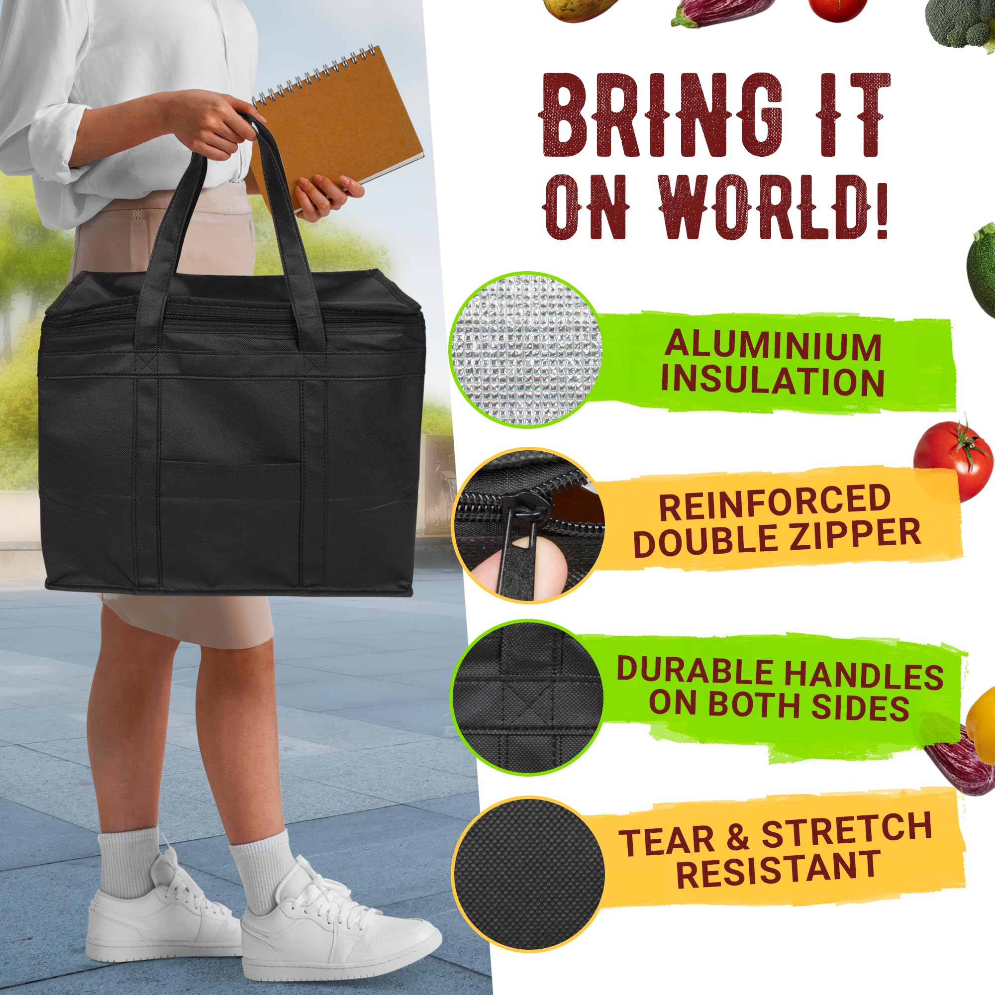 Premium Black Insulated Food Delivery Bag with Zippered Top - Thermal Grocery & Catering Bag for Hot/Cold Food Transport - Perfect for Uber Eats, DoorDash & Restaurant Deliveries