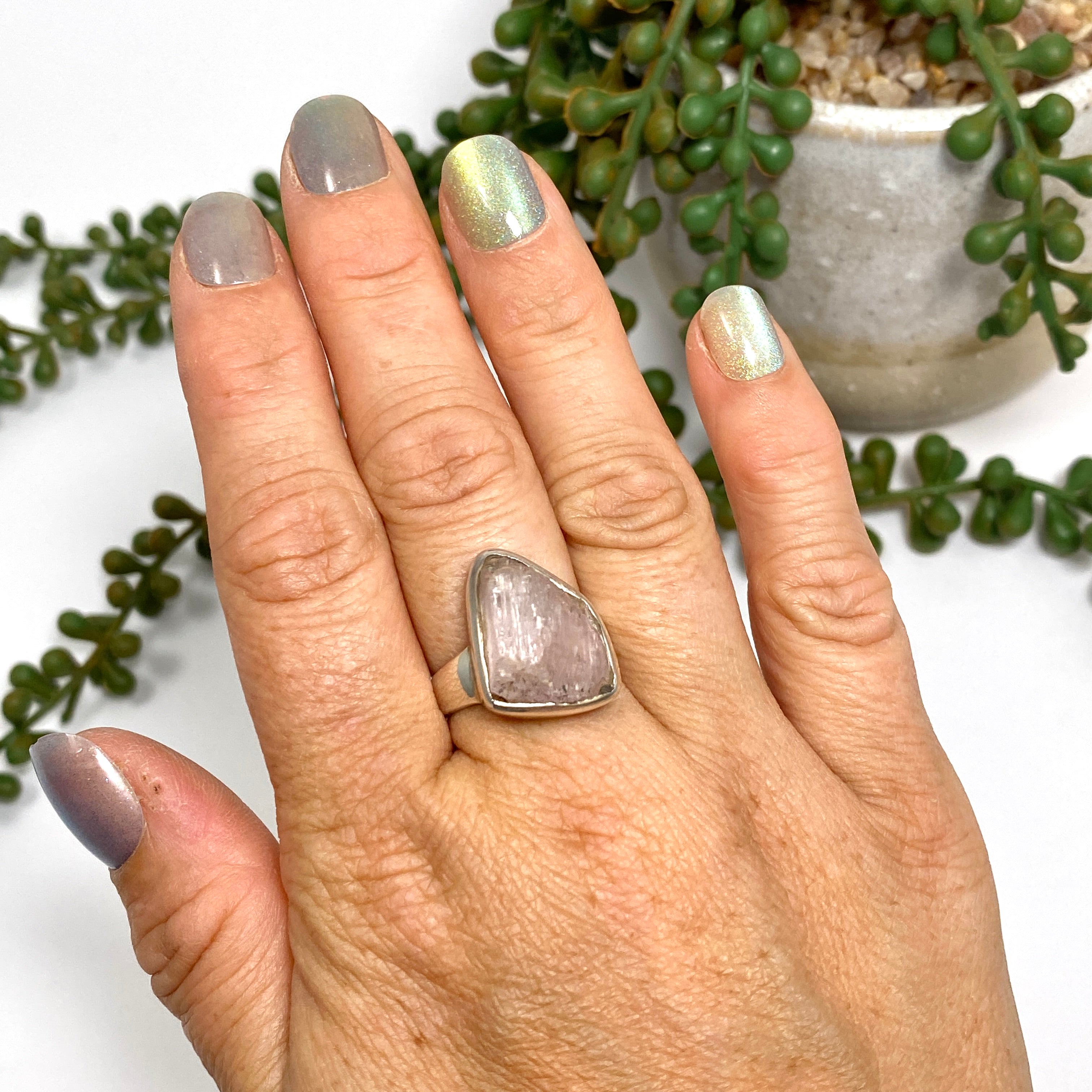 Natural Kunzite Raw Crystal Ring - Size 9 - Handmade Spiritual Jewelry - PRGJ195a - Perfect for Meditation, Energy Healing & Boho Fashion