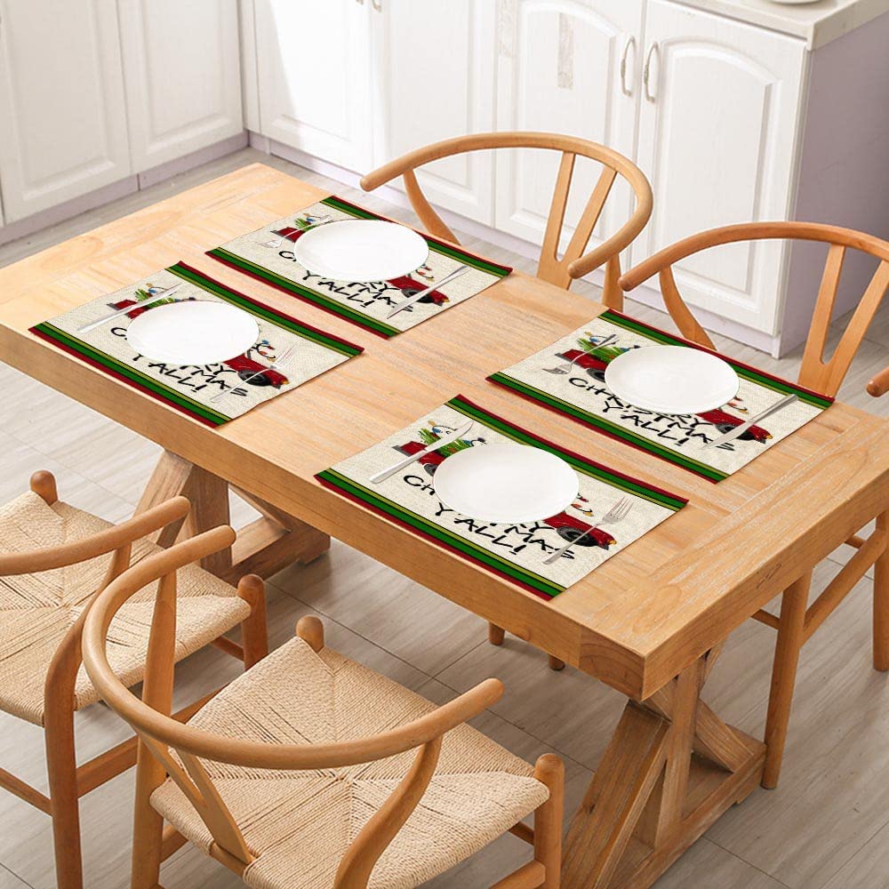 Jesmacti Christmas Placemats Set of 4 - 18x12 Inch Holiday Table Mats with Red Truck & Tree Design - Festive Dining Decor for Christmas Parties, Family Gatherings & Seasonal Home Styling