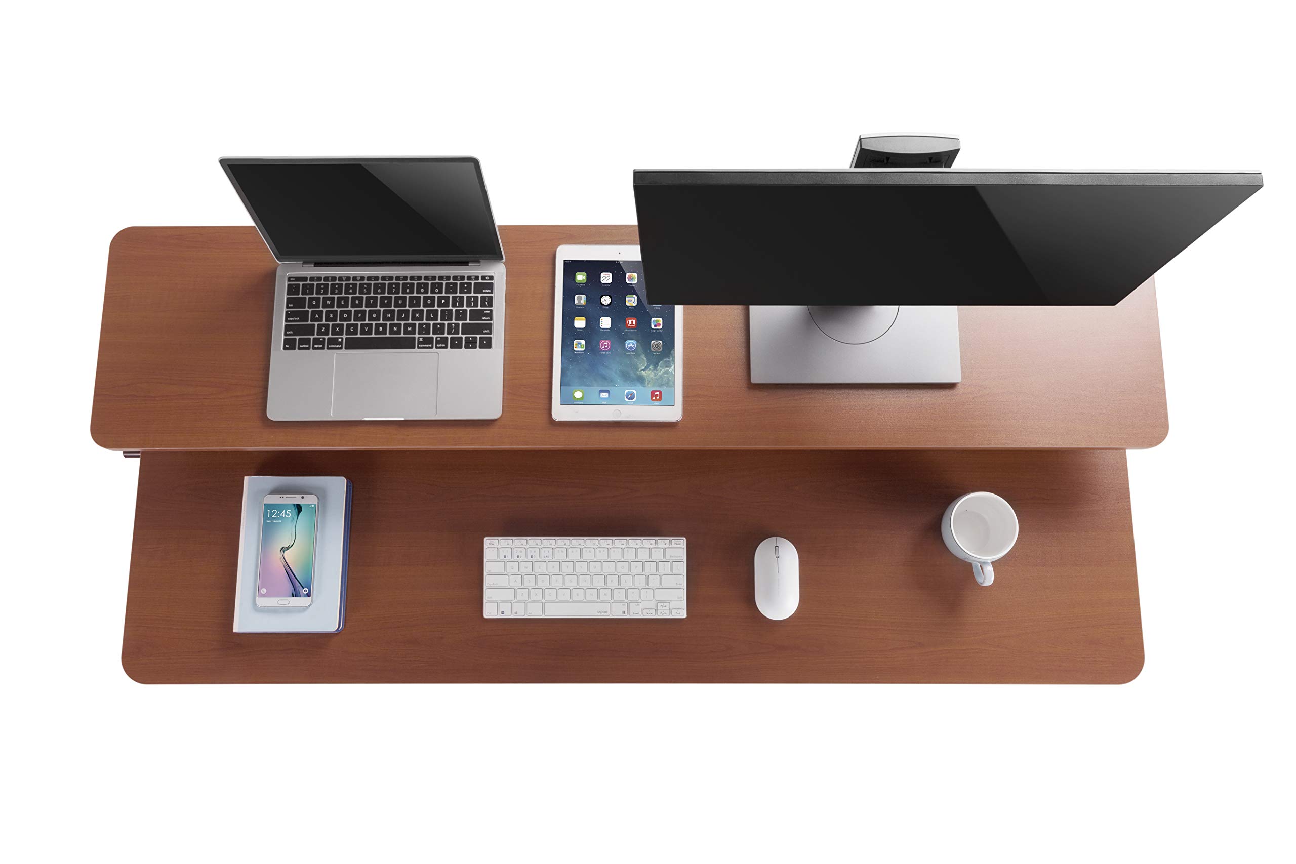 55 Inch Clamp On Monitor Stand with Shelf - Heavy Duty Ergonomic Desk Riser for 3 Monitors, Extra Storage Space - No Screw Installation, Cherry Finish - Perfect for Home Office & Gaming Setup