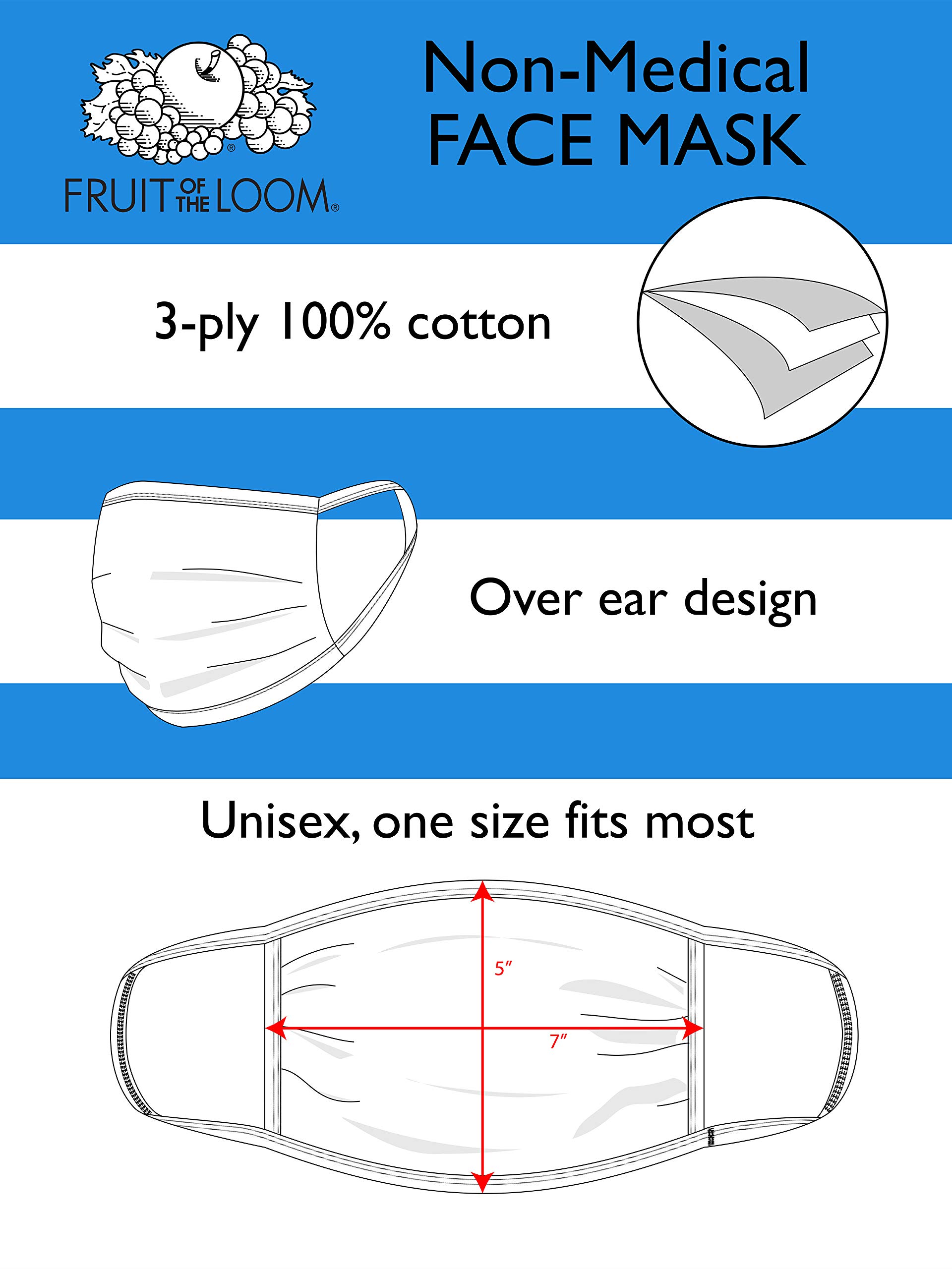 Fruit of the Loom Reusable Cotton Face Masks - 50 Pack Bulk Disposable Masks for Adults & Kids | Comfortable Breathable Protection for School, Work, Travel & Daily Use