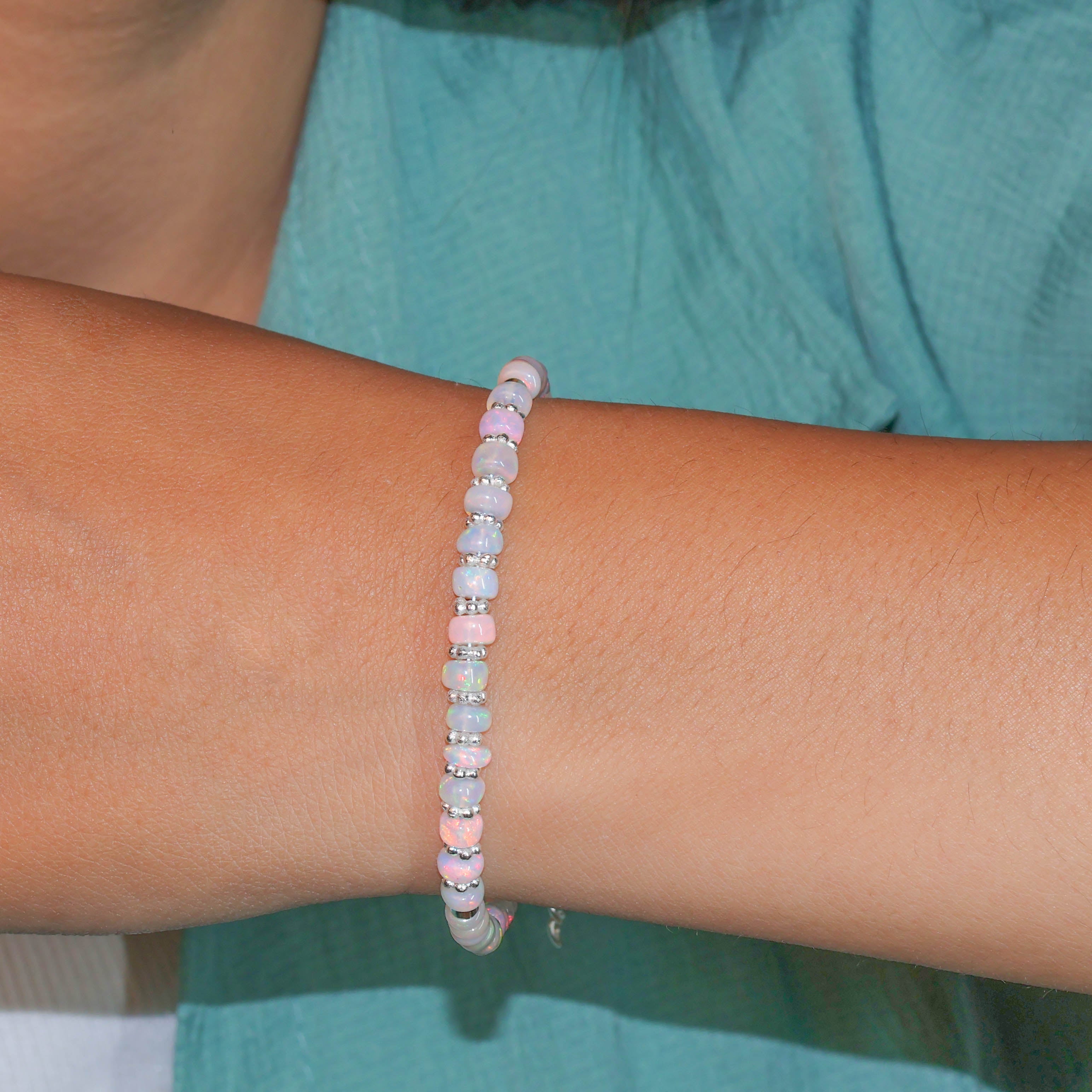 Natural Opal Beaded Bracelet with Circular Silver Chakri Beads - Boho Chic Jewelry for Women, Handmade Healing Crystal Bracelet for Meditation, Yoga & Spiritual Gifts