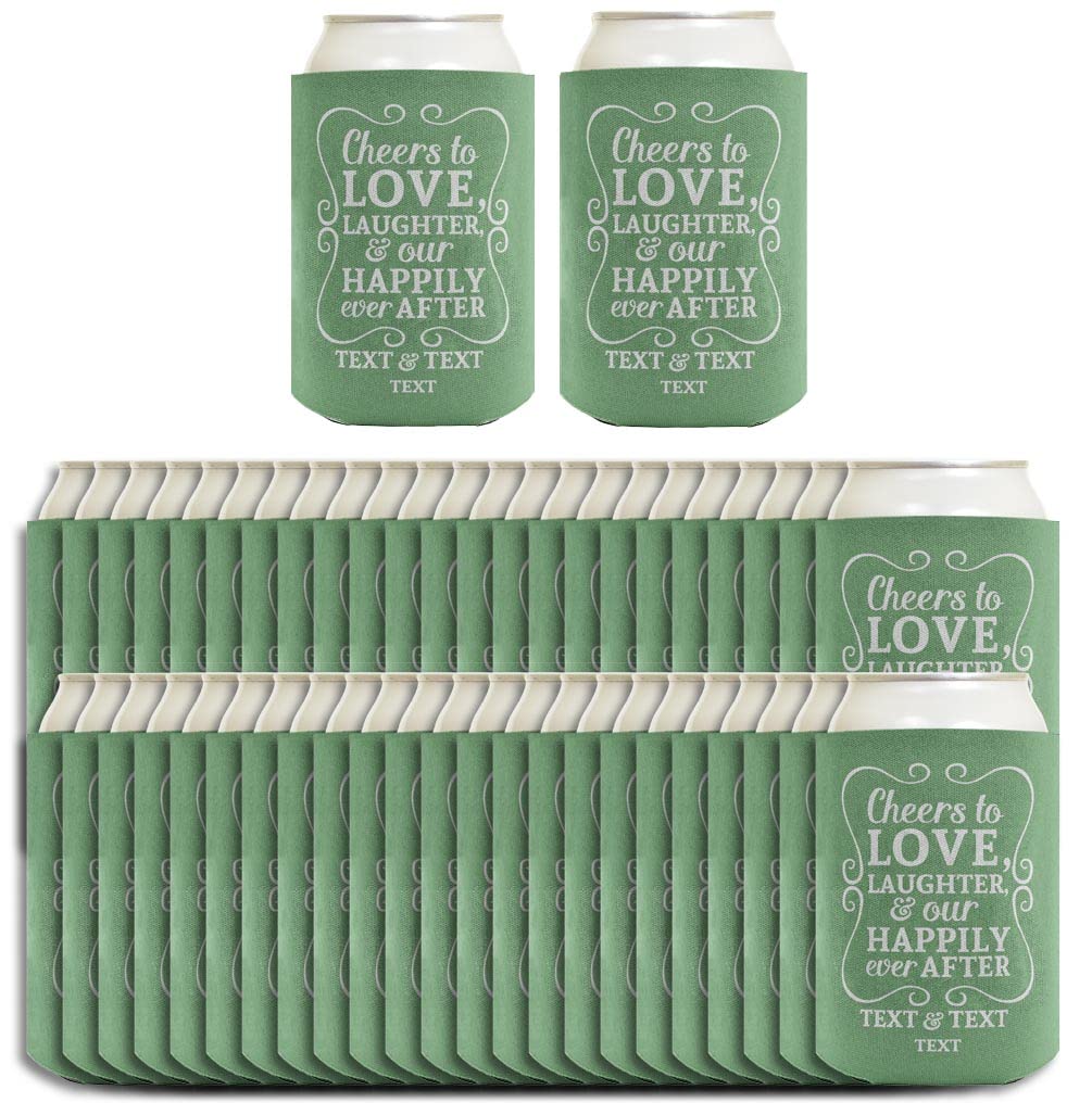 Cheers To Love Custom Names & Date 48-Pack Personalized Can Coolers - Sage Green Drink Sleeves for Beer, Soda & Cocktails - Perfect for Weddings, Parties & Outdoor Events