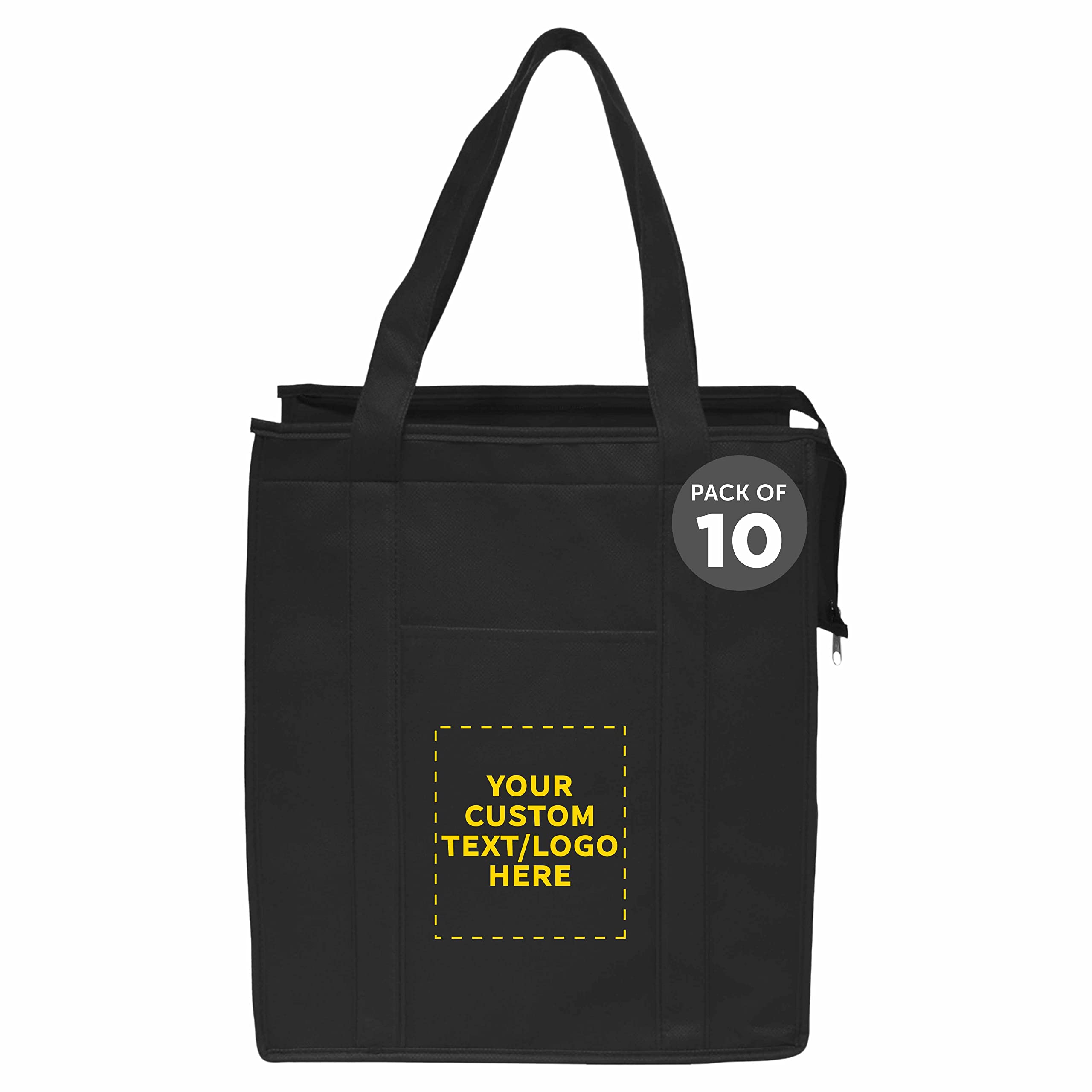 Custom Non-Woven Insulated Tote Bags Bulk Pack - 10 Reusable Personalized Grocery Bags for Picnic, Camping, Beach & Outdoor Activities - Eco-Friendly Shopping & Lunch Bags - Black