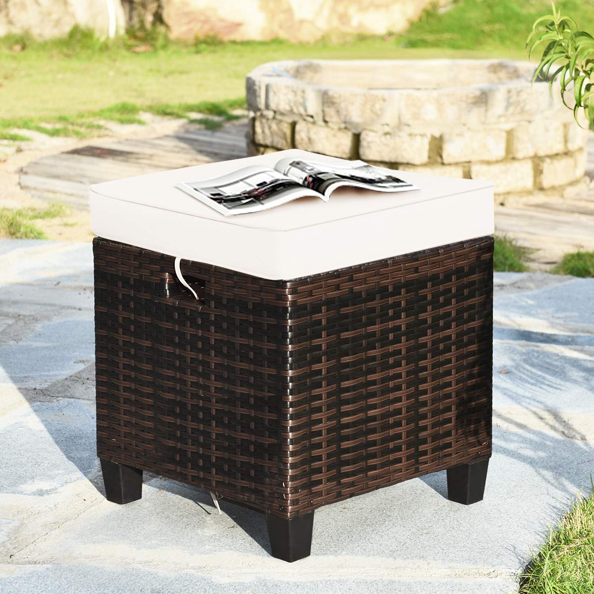2-Piece Outdoor Rattan Ottoman Set with Removable Cushions - Patio Footrest & Wicker Stool for Garden, Deck, and Poolside Relaxation