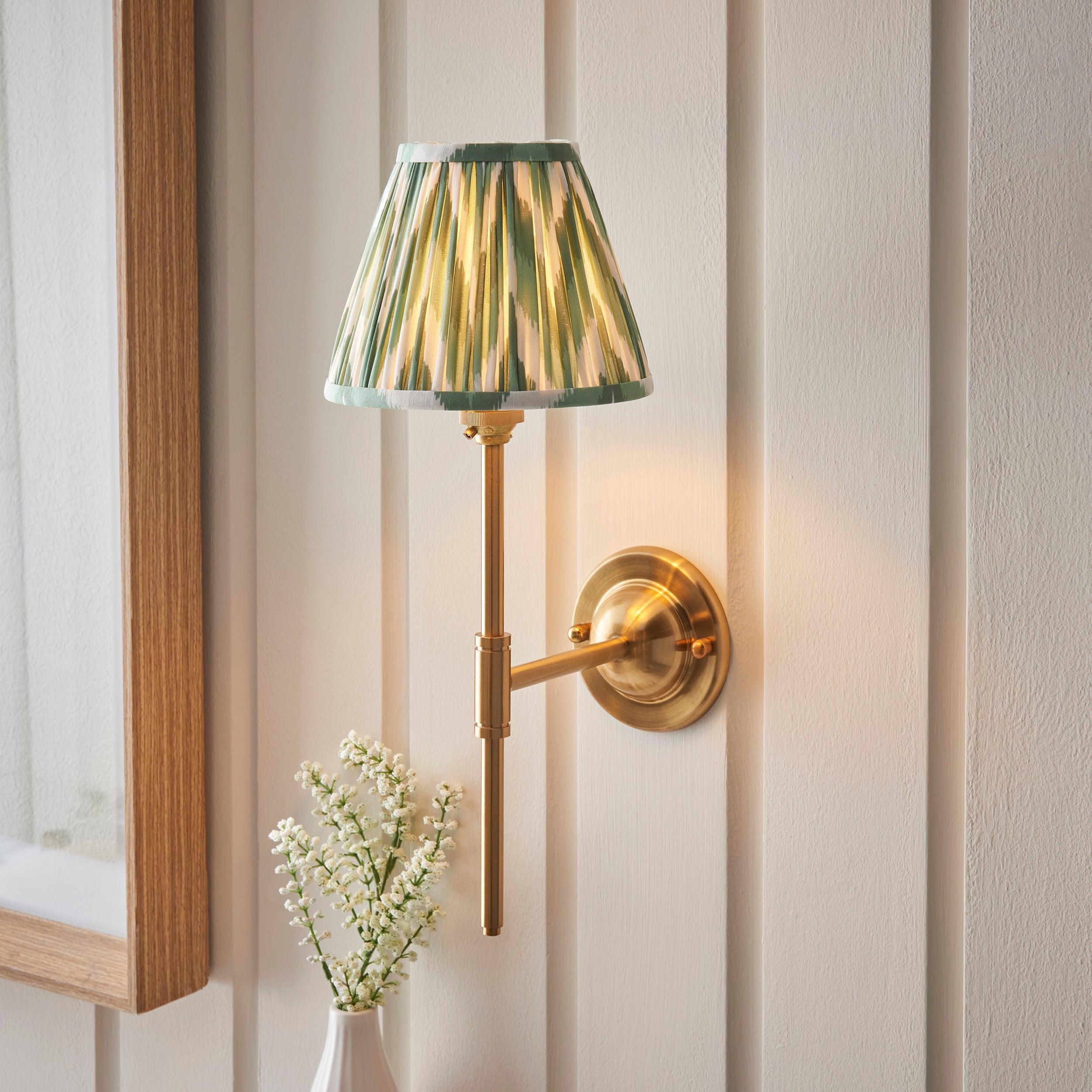 Vintage Dome T Bar Brass Wall Light with 16cm Cotswold Green Zigzag Shade - Perfect for Bedroom, Hallway & Porch Lighting