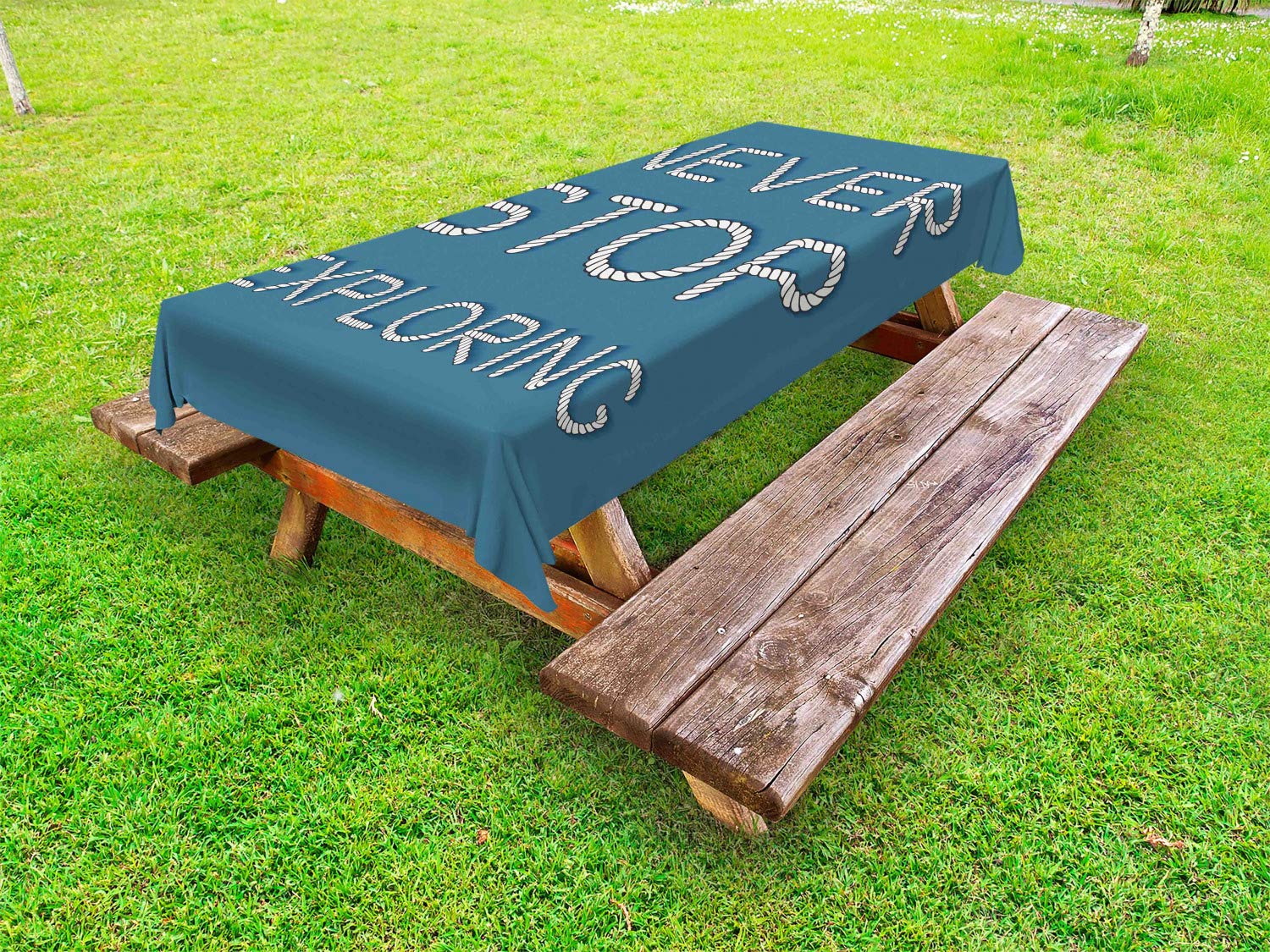 Never Stop Exploring Outdoor Tablecloth - Waterproof Washable Picnic Table Cover with Typographic Design, 58x84 Inches, Slate Blue & Ivory - Perfect for Beach Parties, Camping, and Backyard BBQs