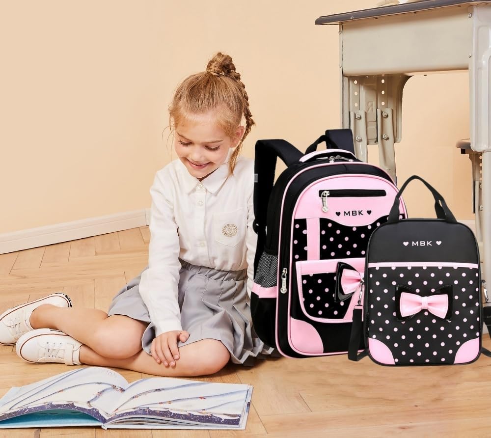 VIDOSCLA 2Pcs Kids School Backpack Set with Bowknot Wave Print - Lightweight Bookbag for Boys & Girls, Perfect for Elementary School, Travel, and Daily Use
