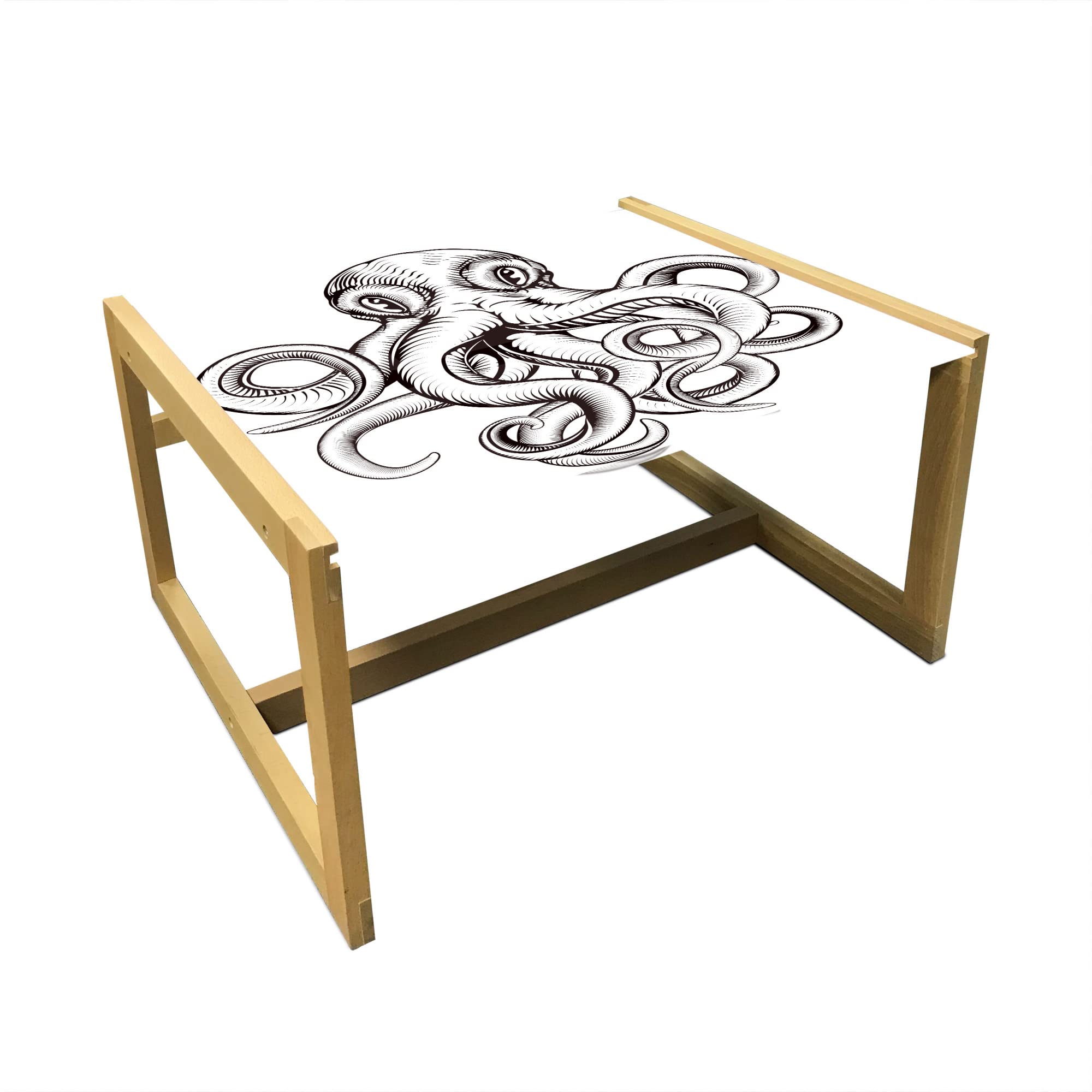 Ambesonne Octopus Coffee Table - Woodblock Style Monochrome Art, Acrylic Glass Top with Wooden Frame - Brown & White Modern Center Table for Living Room, Office, Dorm | Home Decor Gift Idea