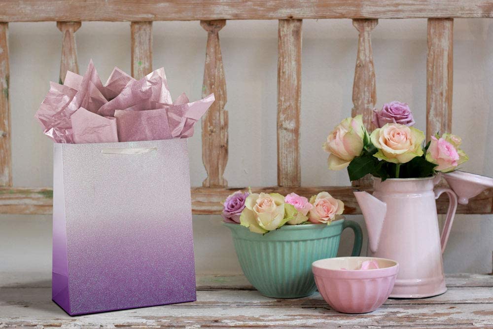 12Pcs Purple Glitter Ombre Gift Bags Bulk - 100% Recyclable Wrapping Paper Bags for Bridal Shower, Baby Shower, Wedding, Birthday Party Favors - Medium 9x7x4 inch - Perfect for Easter, Mother's Day & Thank You Gifts