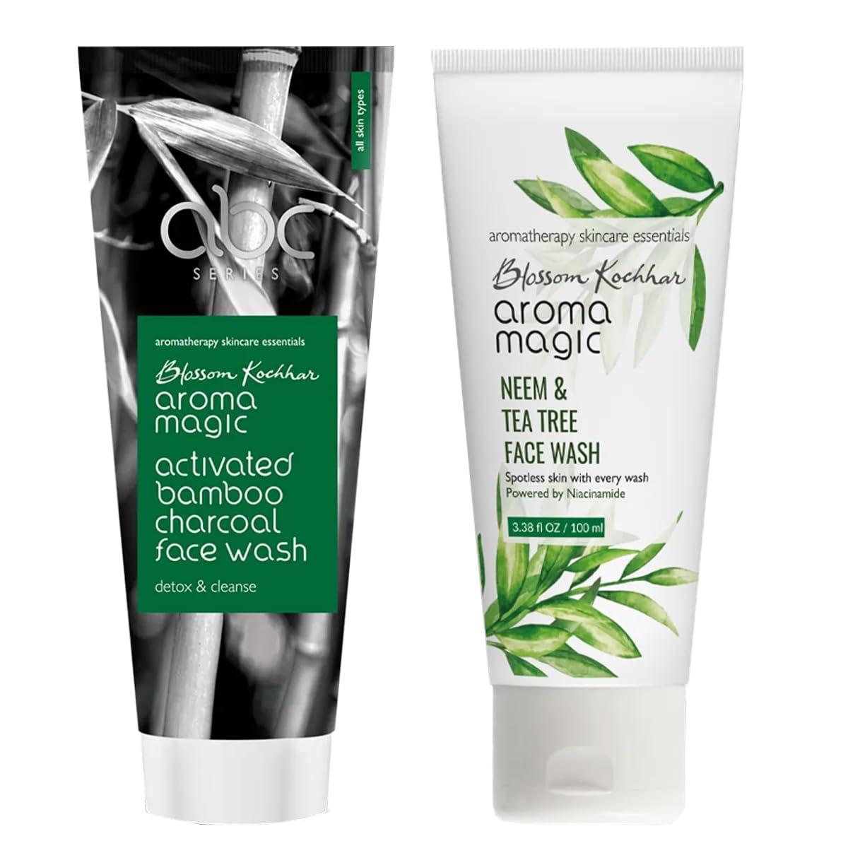 Aroma Magic Activated Bamboo Charcoal Face Wash & Neem Tea Tree Face Wash - 100ml Each | Deep Cleansing for Oily & Acne-Prone Skin | Daily Skincare Routine for Clear & Glowing Skin