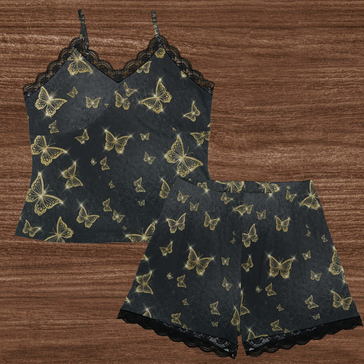 Golden Butterflies Cami Home Suit With Lace Edge - Elegant Sleepwear Set for Women, Comfortable Lace Trim Pajamas, Perfect for Lounging & Sleepwear