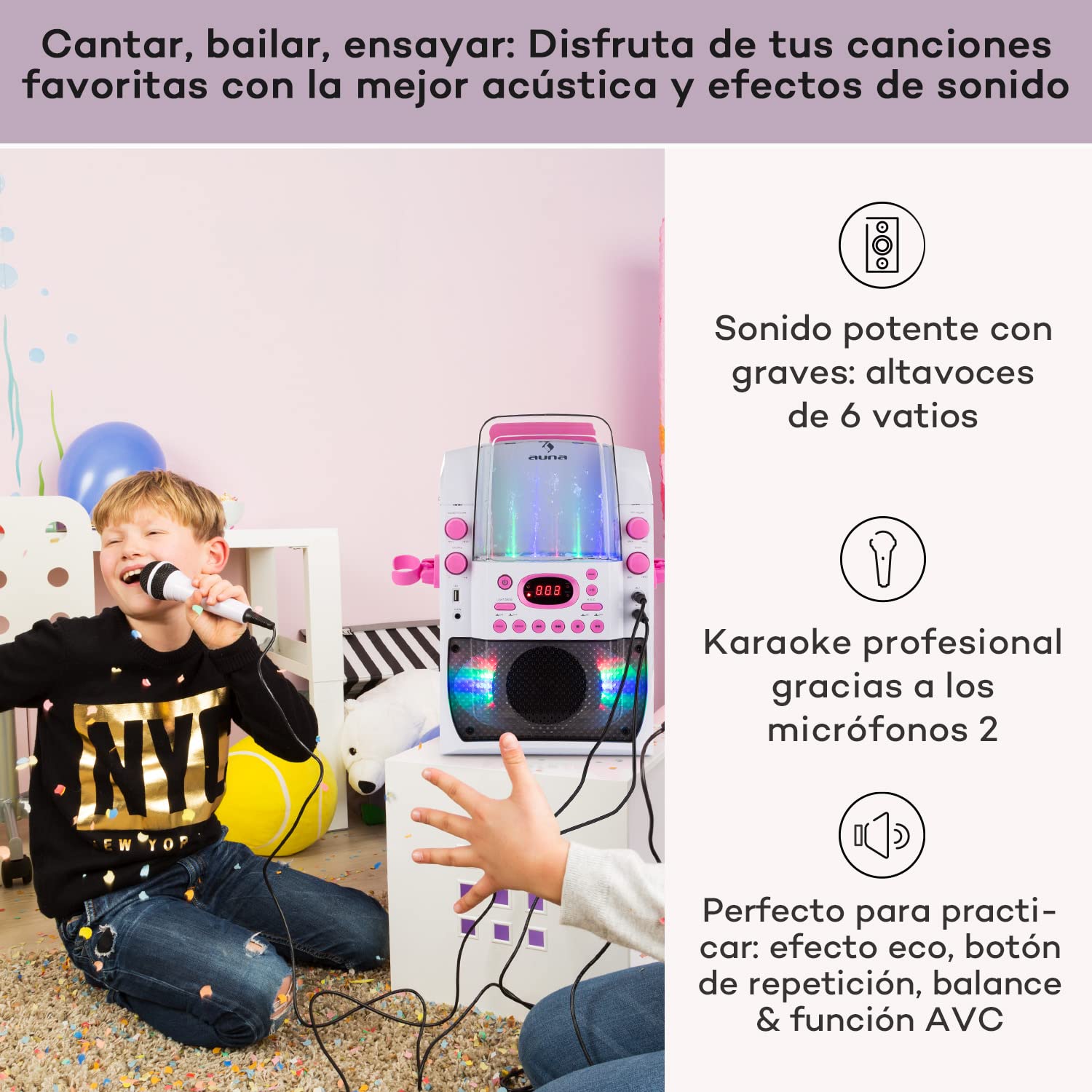 Auna Portable KTV Karaoke Machine with CD Player, 2 Microphones, LED Light Display, RCA Video, AUX & USB Input - for Adults & Kids - Perfect for Home Parties, Family Gatherings & Singing Practice