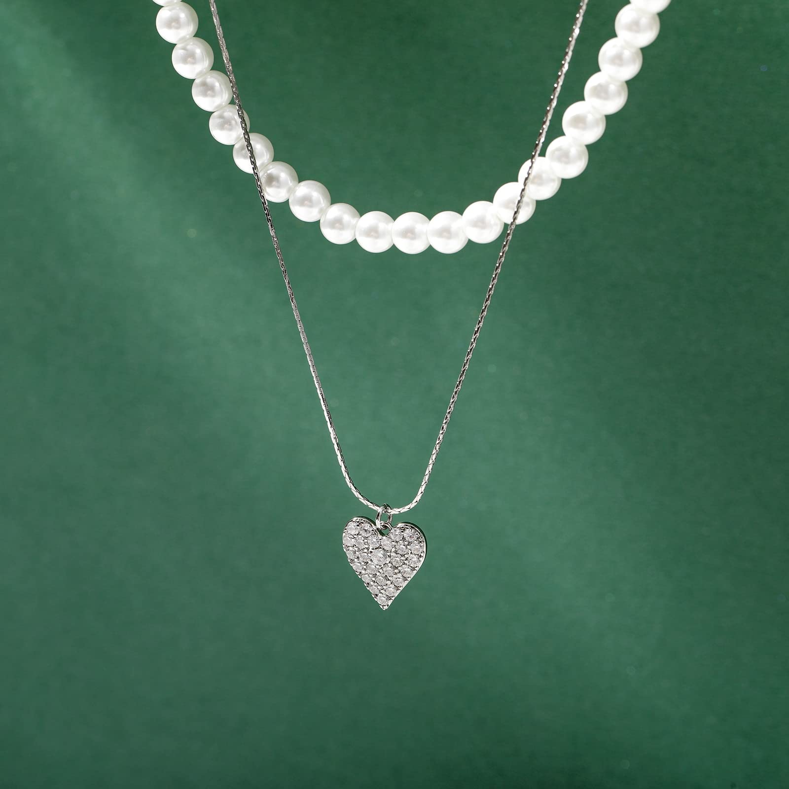 Layered Pearl Necklace for Women - 16K Gold Plated Love Zircon Pendant Choker, Elegant Dainty Jewelry for Wedding, Anniversary & Date Night Gifts