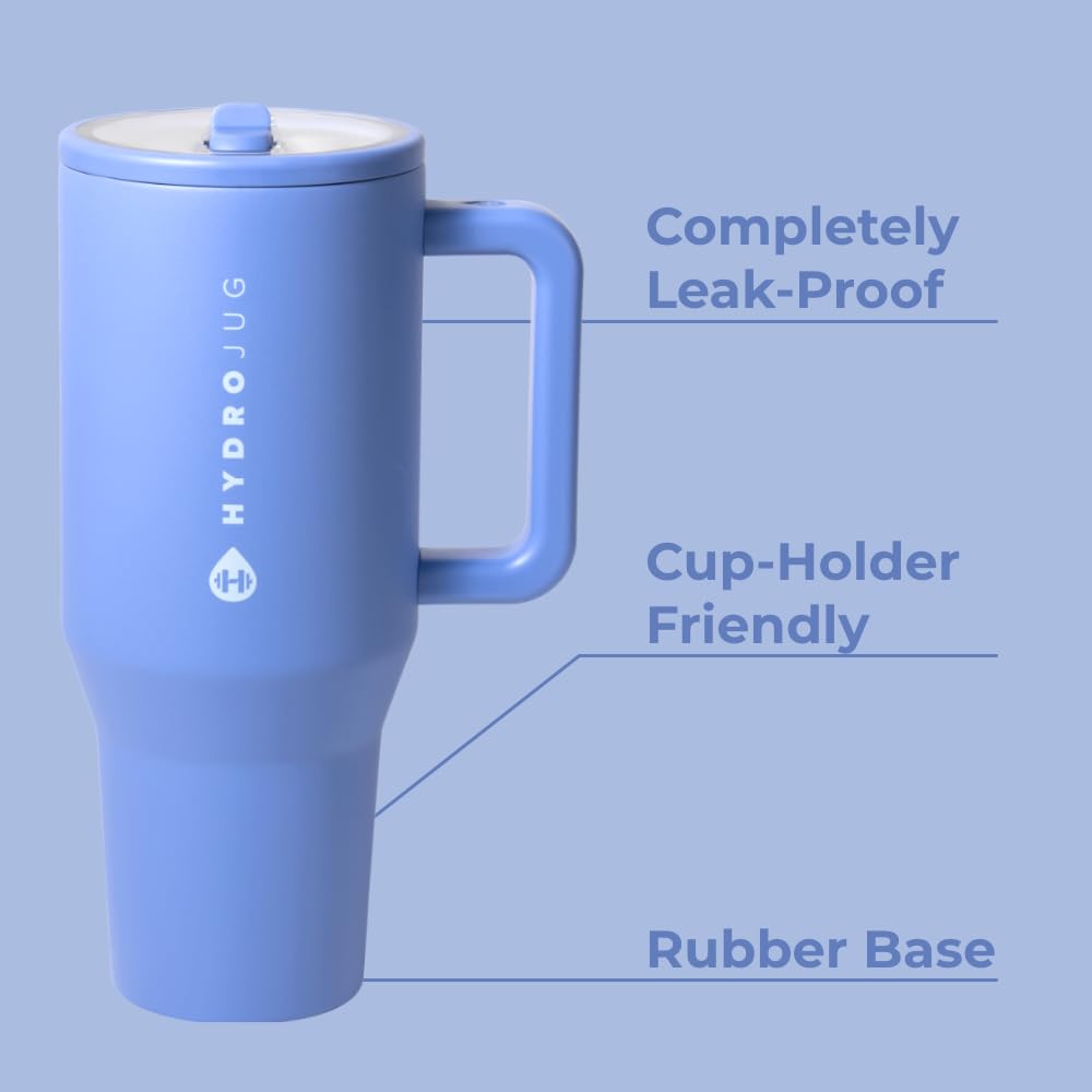 HydroJug Traveler - 40 oz Insulated Stainless Steel Water Bottle with Handle & Flip Straw - Leak Proof, Fits in Cup Holder, Reusable Tumbler with Rubber Base - Perfect Gift for Women & Men, Light Blue - Ideal for Gym, Hiking, Office & Outdoor Activities