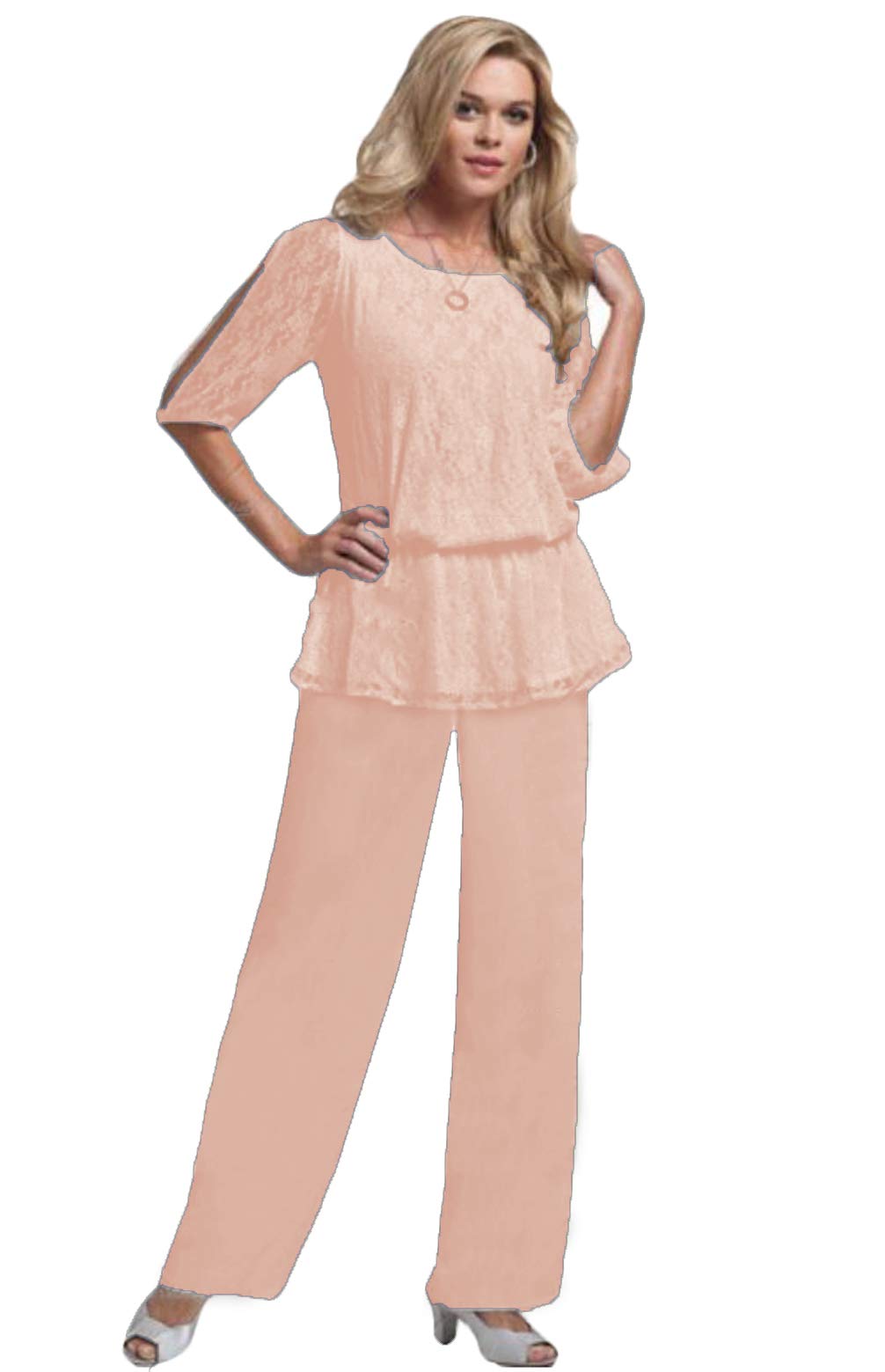 Xixi House Women's Elegant 2023 Chiffon Mother of the Bride Pantsuit Set - Lace Trim Wedding Guest Outfit for Special Occasions & Formal Events