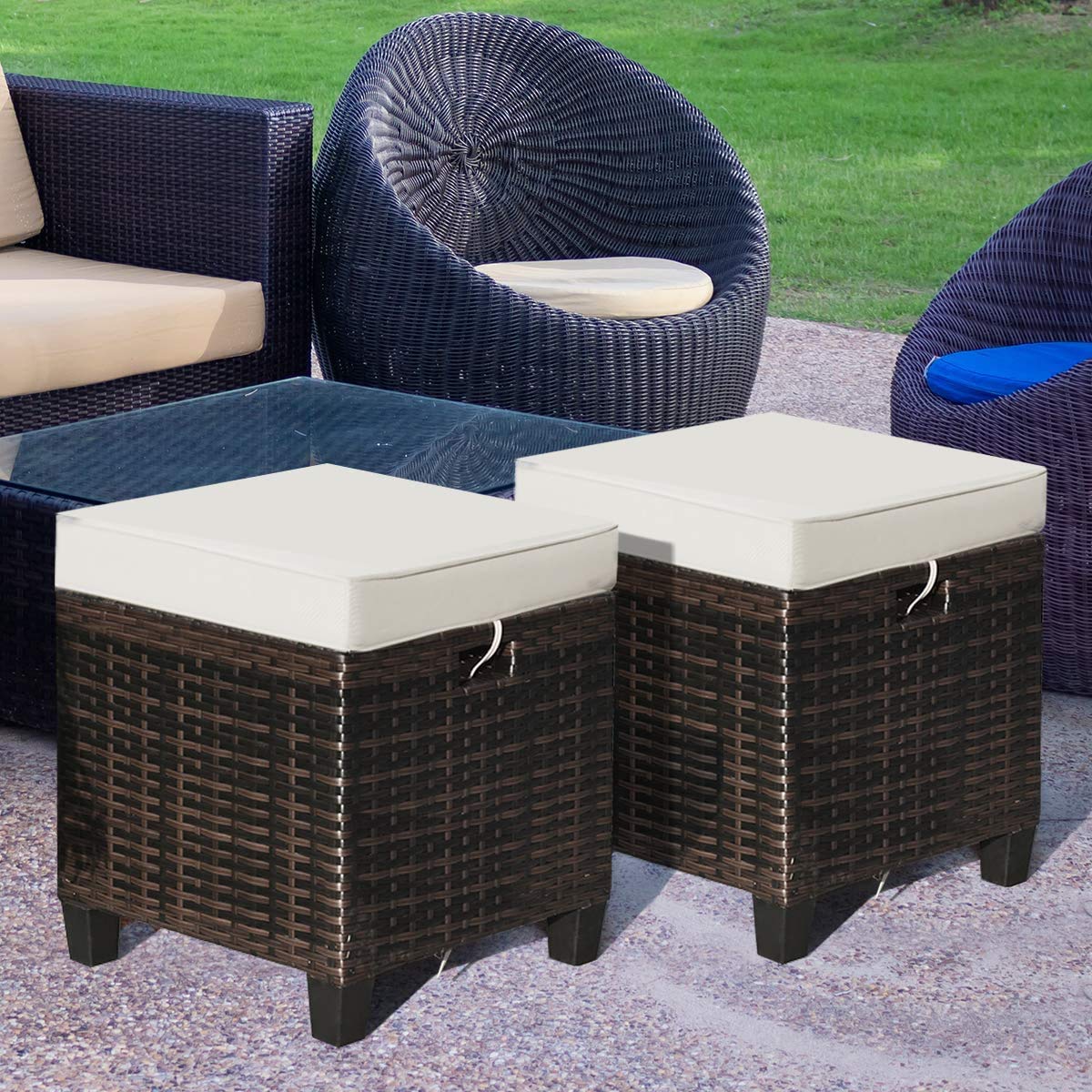Happygrill 2-Piece Outdoor Rattan Ottoman Set with Removable Cushions - Waterproof Wicker Patio Furniture Footstool & Footrest for Garden, Deck, and Poolside Relaxation