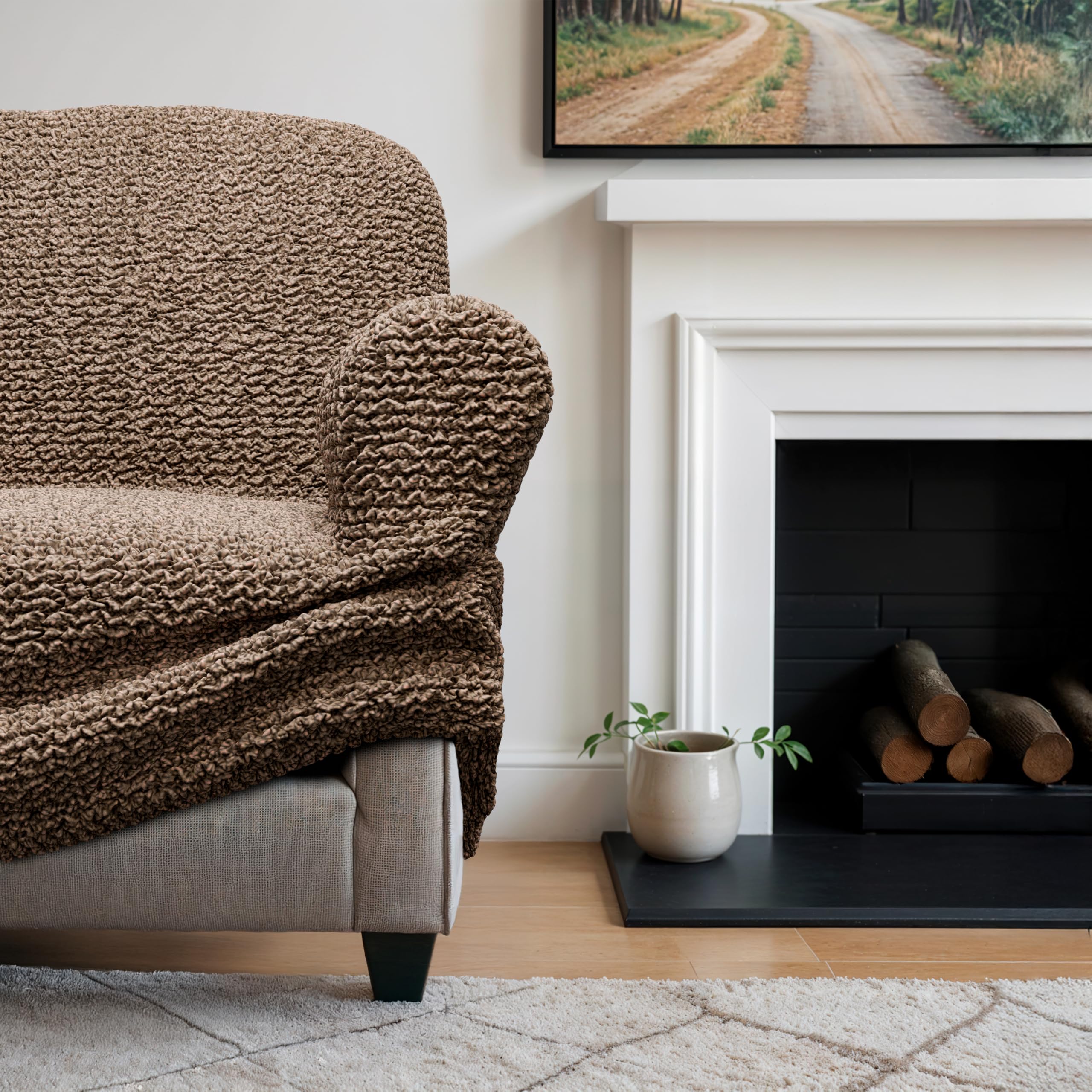 PAULATO BY GA.I.CO. Oversized Loveseat Slipcover - Stretch Sofa Cover for Couches & Chairs - 1-Piece Washable Microfiber Protector in Mediterra Mocha - Perfect for Living Room, Bedroom & Home Decor