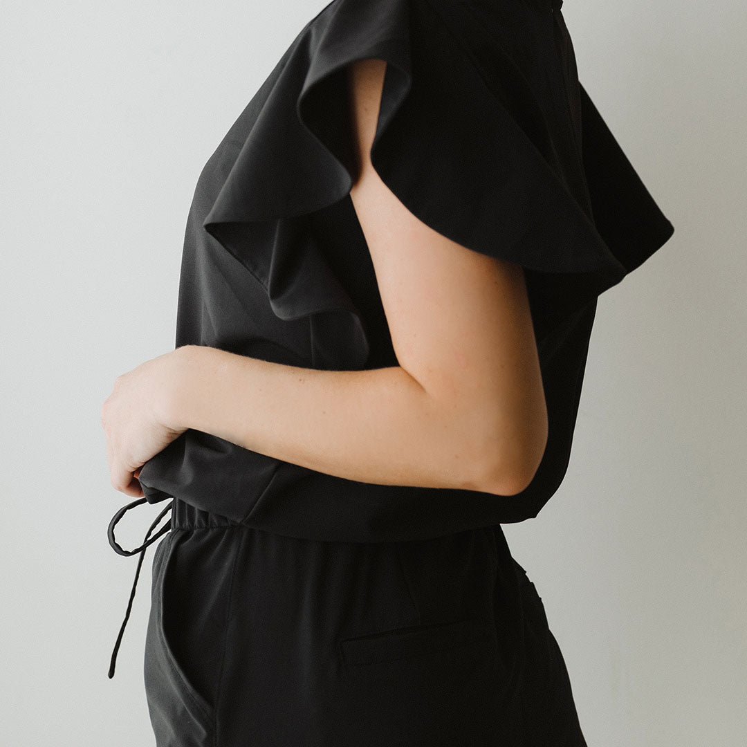 Black Flutter Sleeve Jumpsuit for Women - Elegant Wide Leg Romper with V-Neck | Perfect for Summer Parties, Date Nights & Beach Vacations