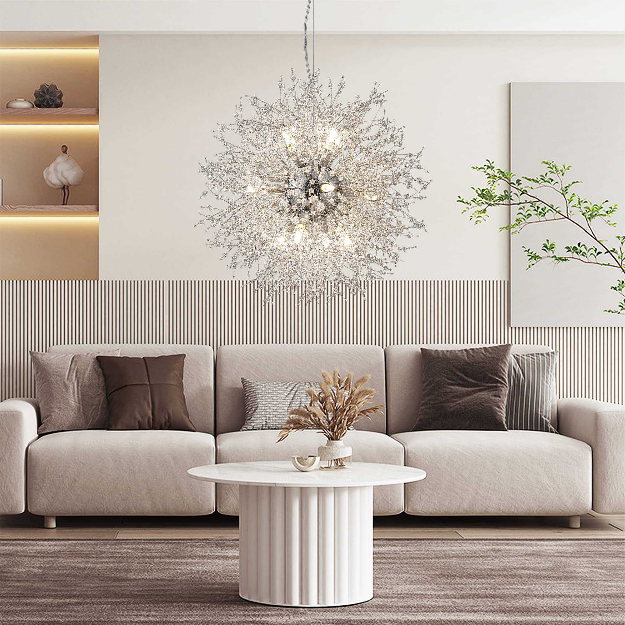 Modern Dandelion Chandelier - Chrome Firework Hanging Lamp with Sputnik Crystal Pendants - 16-Light Fixture for Kitchen Island, Dining Room & Living Room (25.59