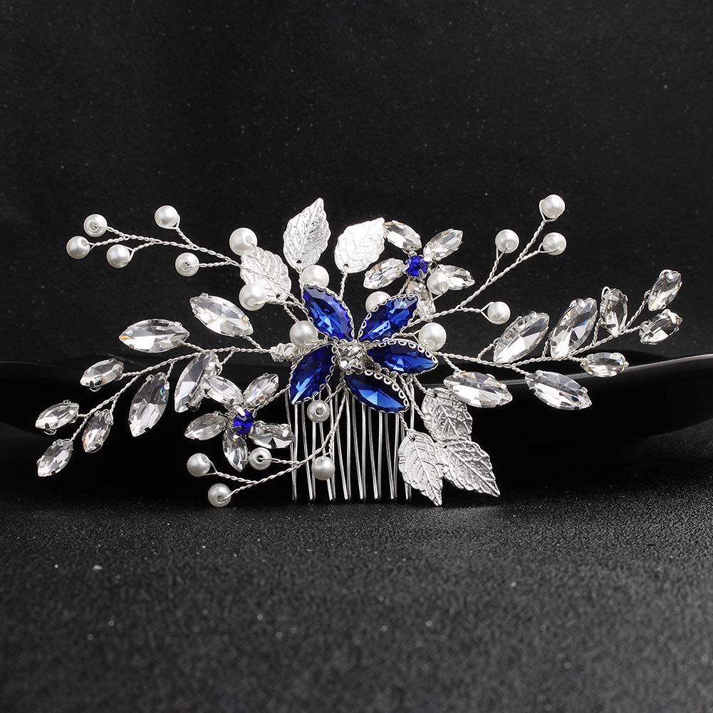 Blue Bridal Leaf Hair Comb - Handmade Wedding Tiara for Bride - Perfect for Prom & Headdress