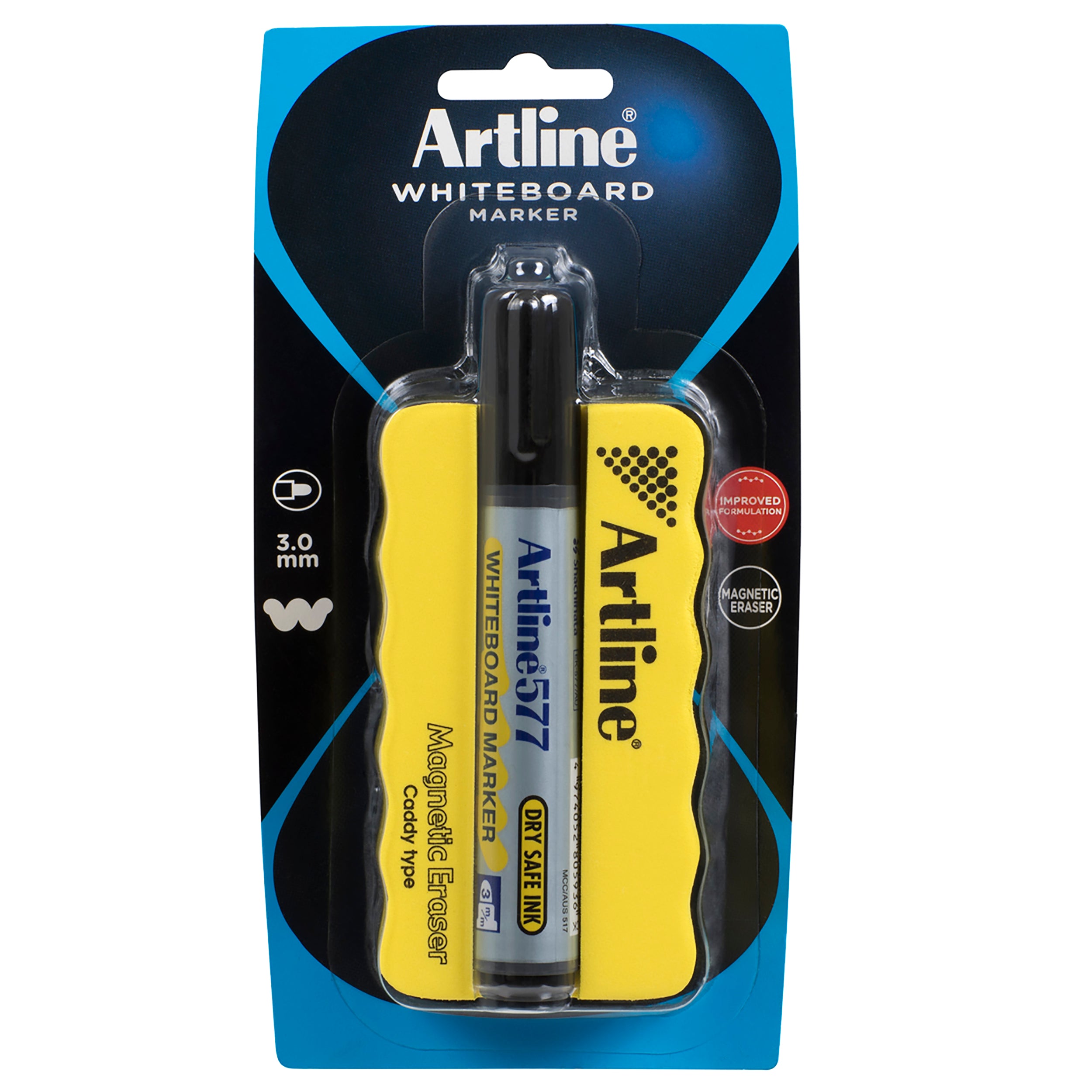 Artline 577 Whiteboard Marker - 3mm Bullet Tip Dry Erase Marker with Built-in Eraser - Perfect for Office, Classroom & Home Whiteboard Presentations