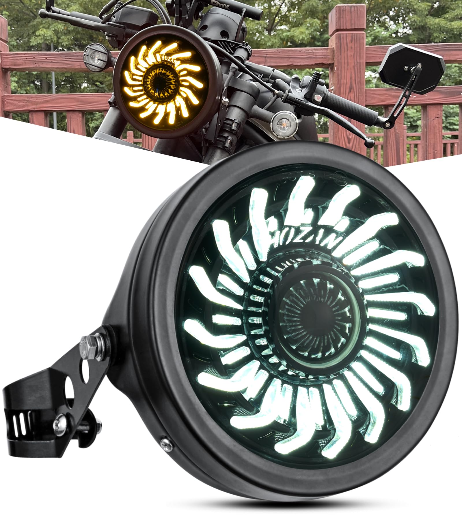 Demon Eye Motorcycle Headlight with Housing Bucket - White/Amber DRL LED Light for Buell Blast, Cafe Racer, CB400, CB919, Vulcan - High Visibility Night Riding & Custom Bike Builds