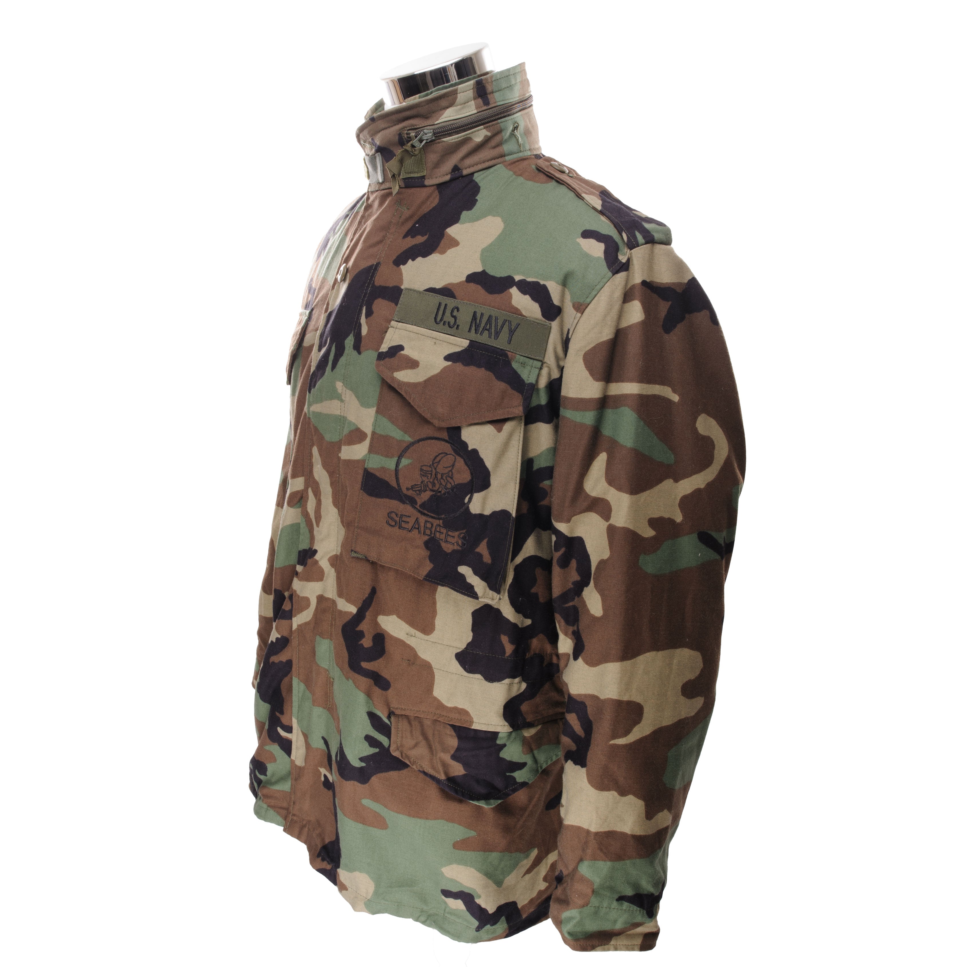 Vintage US Navy Seabees M65 Woodland Camo Field Jacket with Patch - 1999 Medium Regular Size | Military Surplus Outerwear for Outdoor Adventures & Collectors