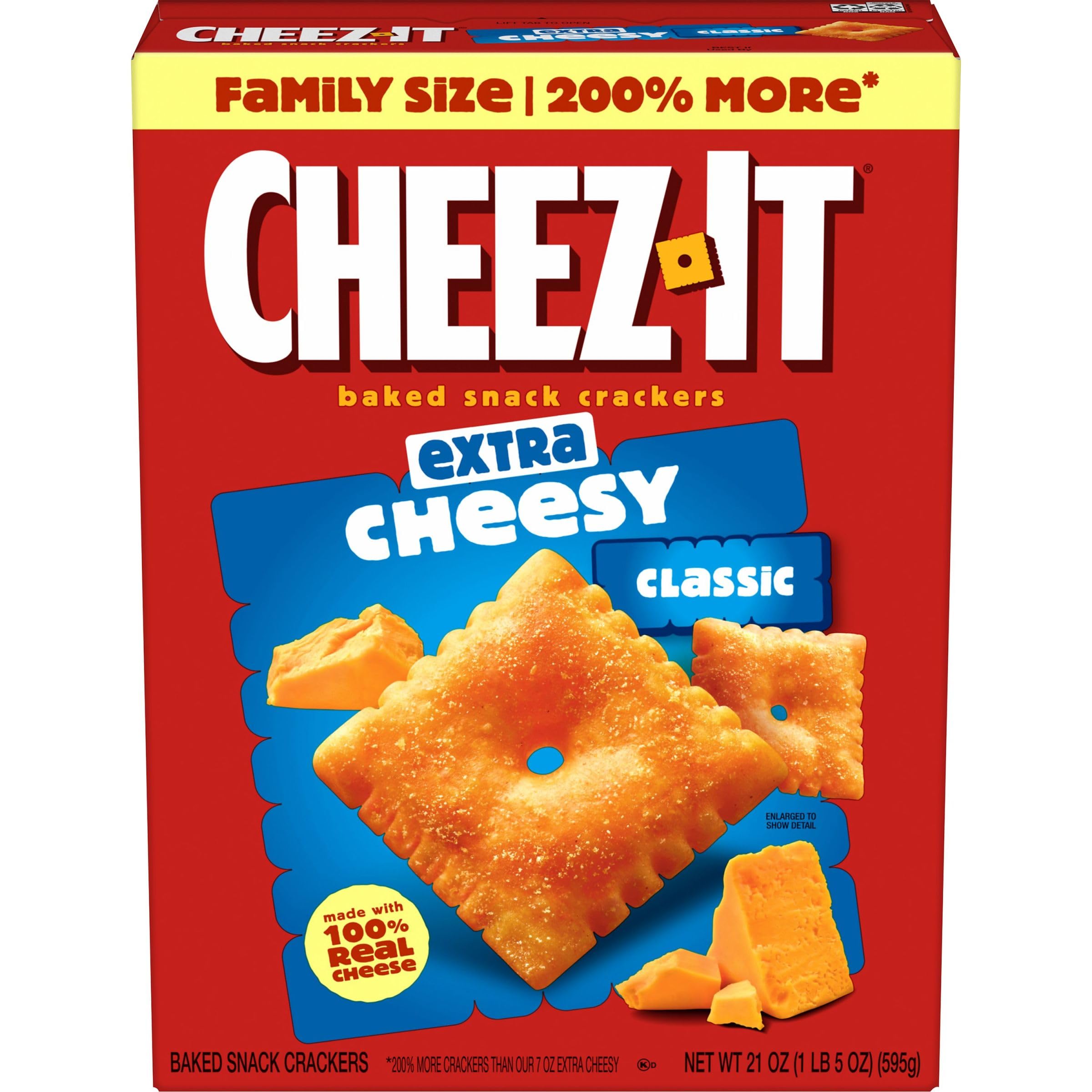 Cheez-It Extra Cheesy Baked Snack Crackers - Family Size 21oz Box (Pack of 1) | Perfect for School Lunches, Office Snacks & Party Platters