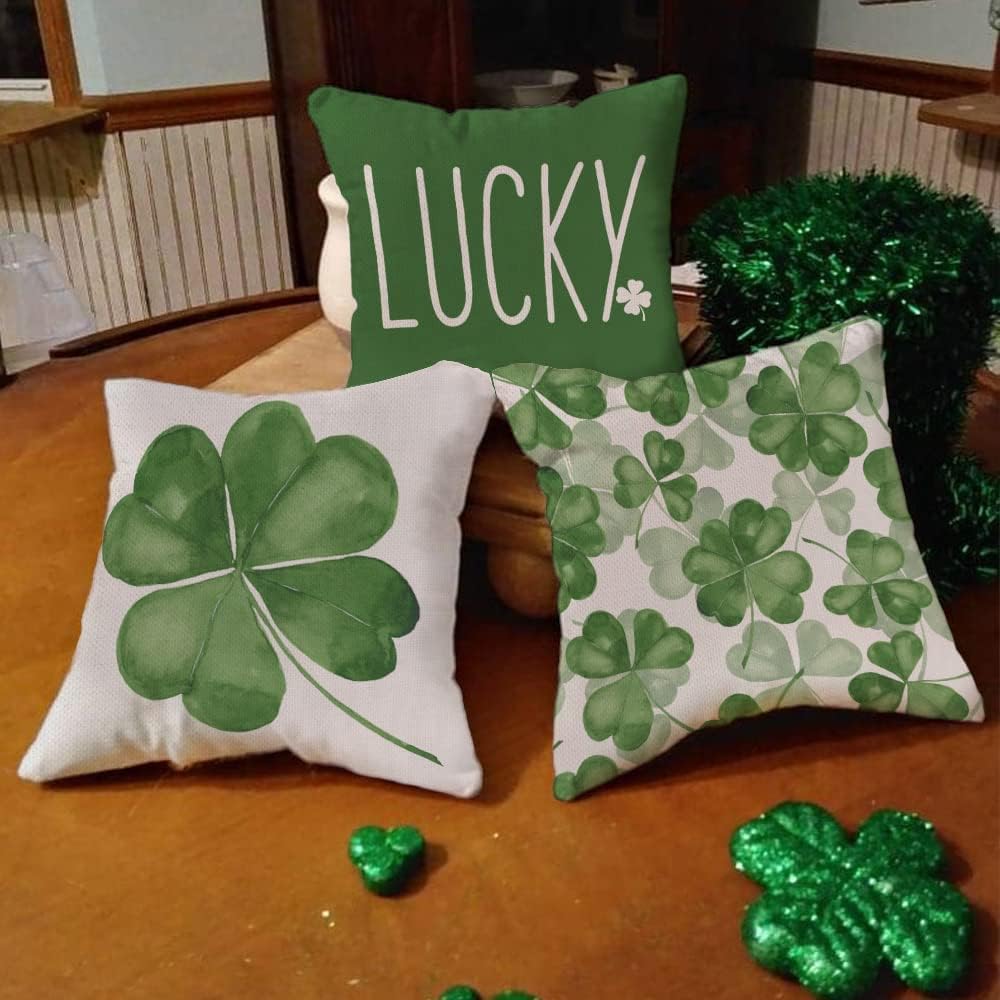 GEEORY St. Patrick's Day Pillow Covers 18x18 Inch Set of 4 - Shamrock Lucky Green Decorative Throw Pillow Cases for Home, Farmhouse, Couch, Sofa | Perfect for St. Patrick's Day Decorations & Irish Themed Parties