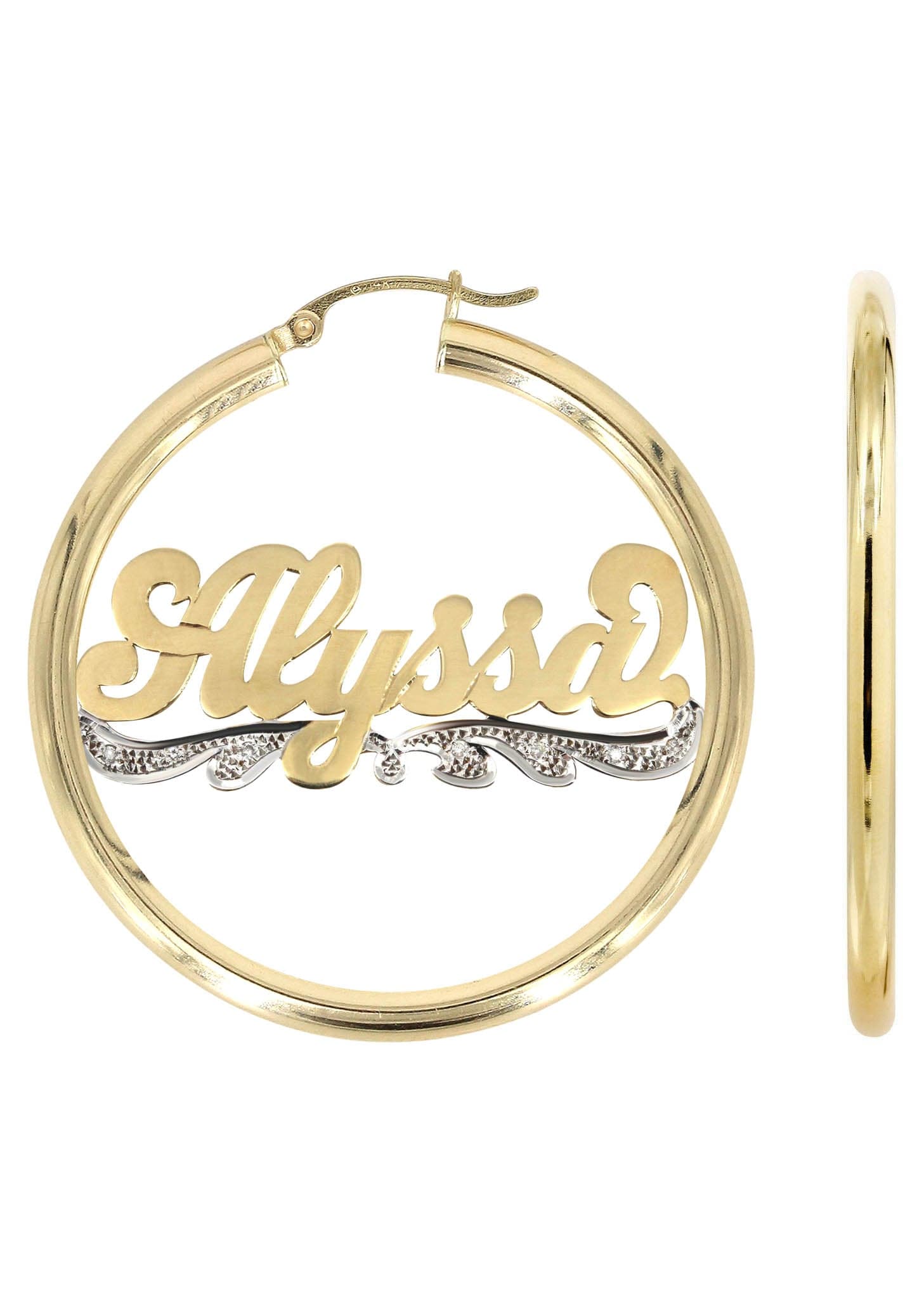 14K Gold Name Plate Hoop Earrings for Women - Plain & Diamond Cut with Genuine Diamonds | Elegant Everyday Jewelry & Special Occasion Gift