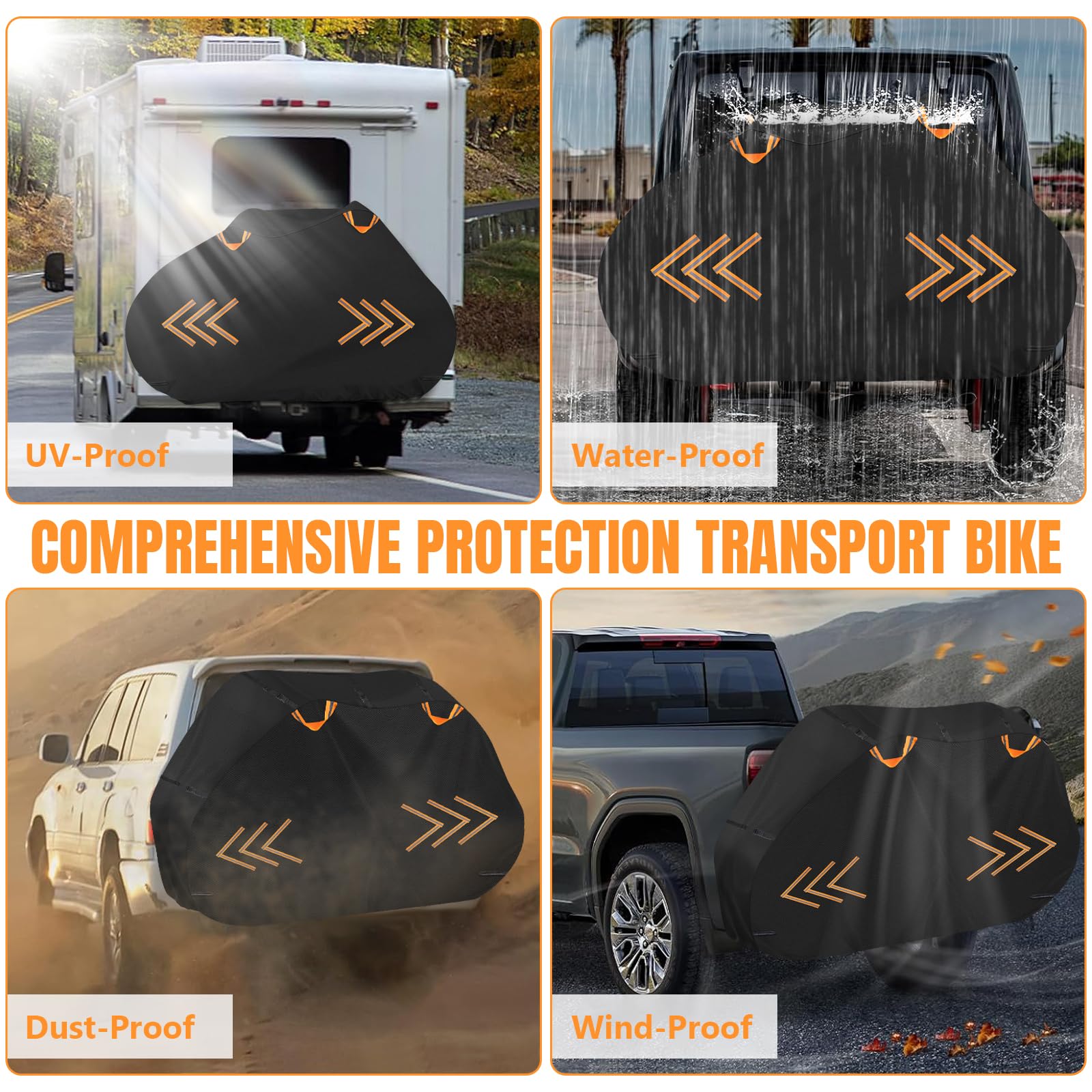 **Heavy Duty 600D Waterproof Bike Cover for 3 Bikes - Outdoor Bicycle Storage & Transport Cover with Reflective Handles & Windproof Buckles - Ideal for Rear Bike Rack Travel & Long-Term Storage**